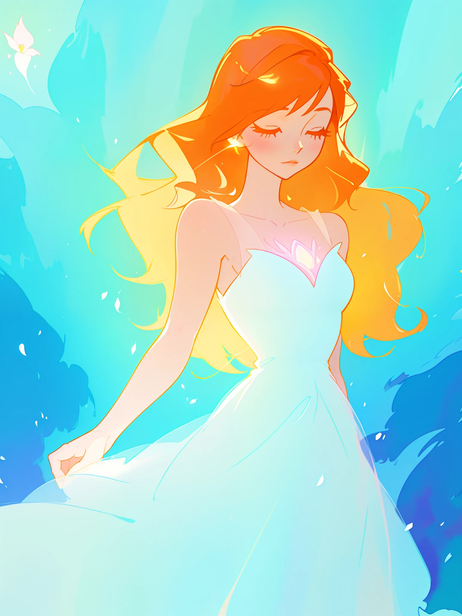 beautiful girl in white dress, fairy dress, long wavy golden red hair, watercolor illustration, inspired by Glen Keane, inspired by Lois van Baarle, disney art style, by Lois van Baarle, glowing aura around her, by Glen Keane, jen bartel, glowing lights! digital painting, flowing glowing hair, glowing flowing hair, beautiful digital illustration, fantasia otherworldly landscape plants flowers, beautiful, masterpiece, best quality, anime disney style