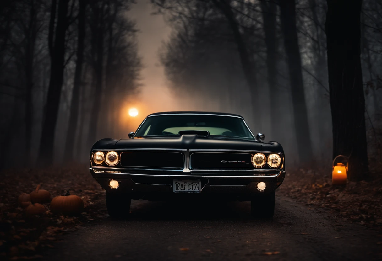 straight from the front view, low angle, dodge muscle car, four glowing headlights, the are headlights are scary and glowing halloween pumpkins, empty car, tinted windows, night time, abandoned forest road, silhouettes of trees, spooky, misty, spiderweb, star sky and full moon, light cloud veils