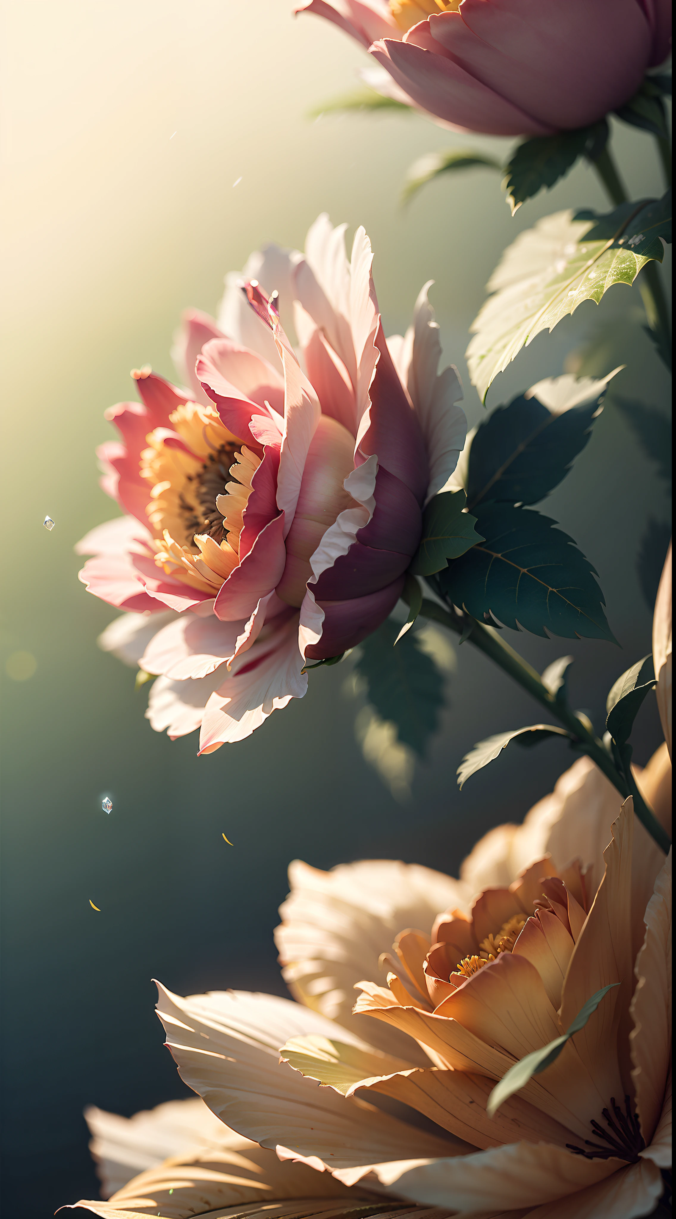 Masterpiece , Macro photography , cobweb, film grain, bokeh , green smoke , highly detailed, sunny weather, microflowers, shine, blur, realistic crystal rose and shaggy peony close-up, azure background, soft contrast, octane render ,