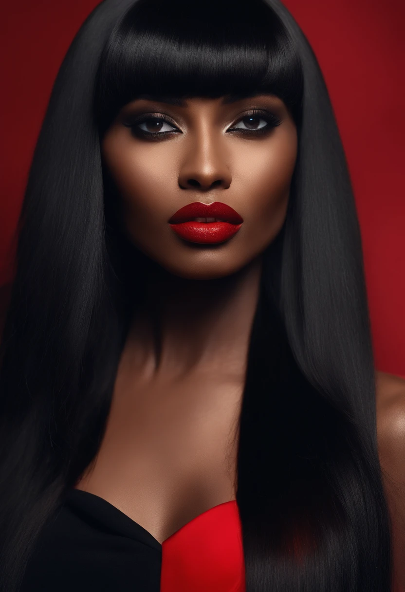 New brown-skinned woman with long straight black hair and bangs, Porter un haut noir et court,chaud, visage ovale, red lips, lipstick