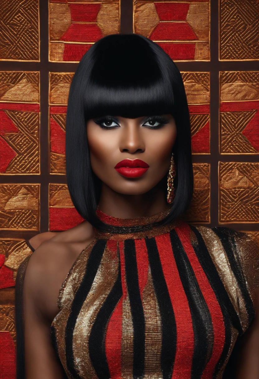 New brown-skinned woman with long straight black hair and bangs, Porter un haut noir et court,chaud, visage ovale, red lips, lipstick