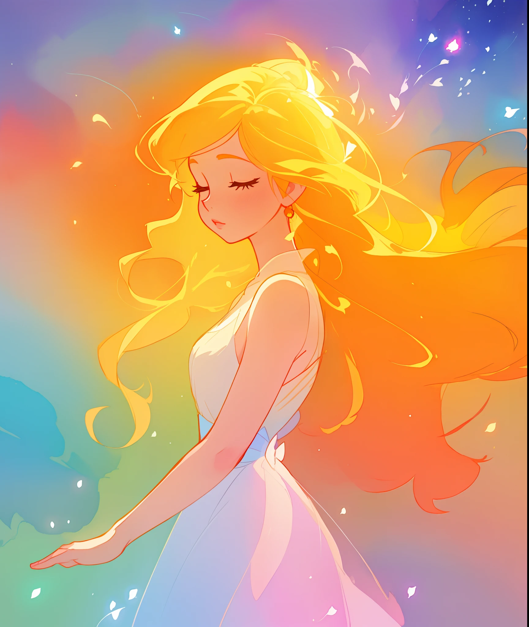 beautiful girl in white dress, fairy dress, long golden hair, watercolor illustration, inspired by Glen Keane, inspired by Lois van Baarle, disney art style, by Lois van Baarle, glowing aura around her, by Glen Keane, jen bartel, glowing lights! digital painting, flowing glowing hair, glowing flowing hair, beautiful digital illustration, fantasia otherworldly landscape plants flowers, beautiful, masterpiece, best quality, anime disney style