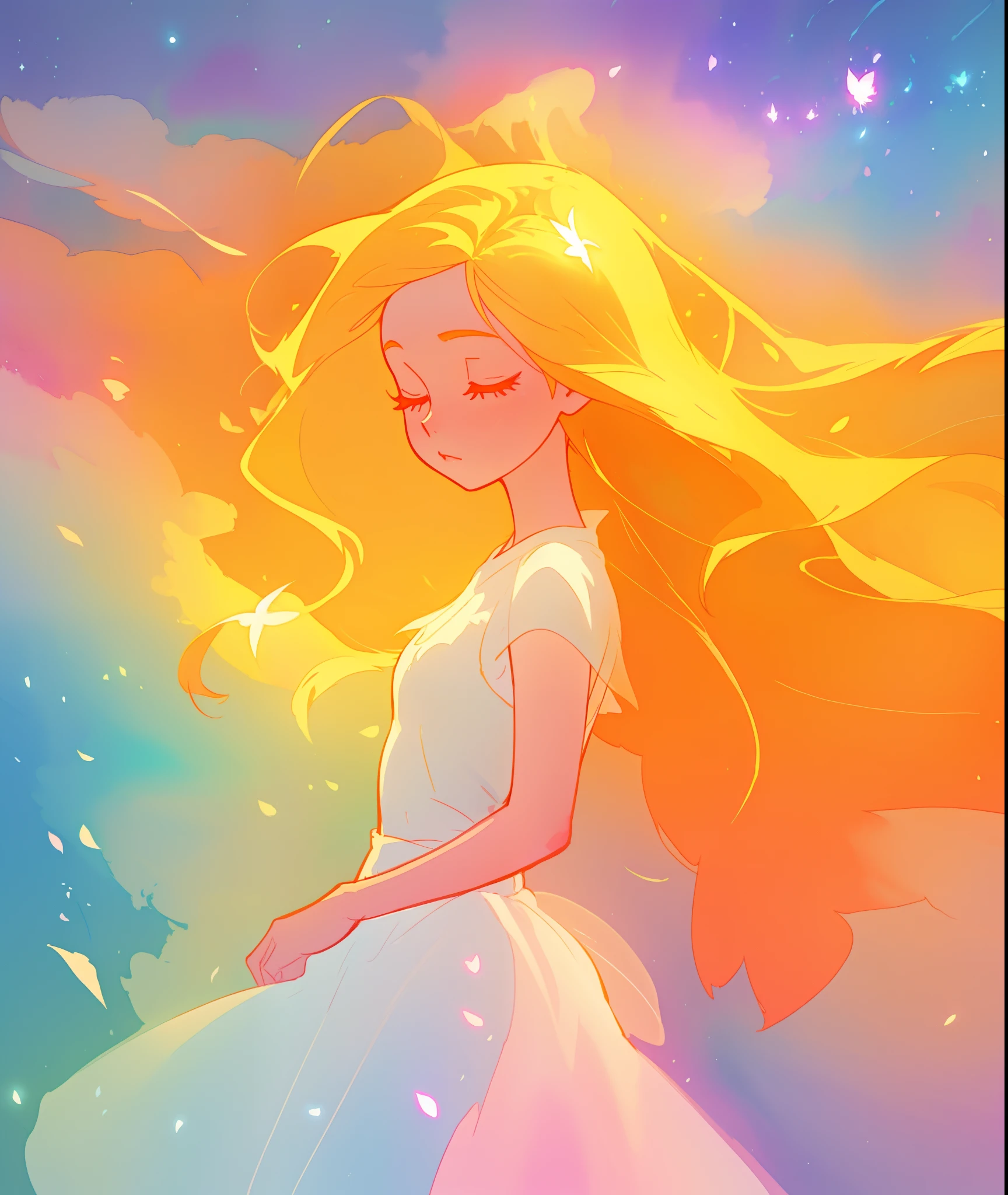 beautiful girl in white dress, fairy dress, long golden hair, watercolor illustration, inspired by Glen Keane, inspired by Lois van Baarle, disney art style, by Lois van Baarle, glowing aura around her, by Glen Keane, jen bartel, glowing lights! digital painting, flowing glowing hair, glowing flowing hair, beautiful digital illustration, fantasia otherworldly landscape plants flowers, beautiful, masterpiece, best quality, anime disney style