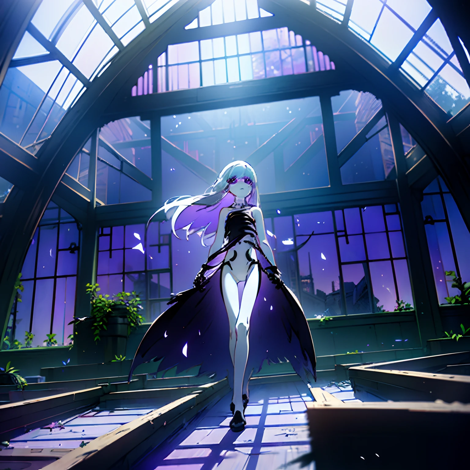 ((Masterpiece, dull coloring, dark lighting, solo, full body)), anime girl floating above the ground, slouched, neutral pose, cute face, ((white hair, long hair, wispy hair, white skin, thin body, slim body, skeleton body, bones, white bones, ribcage, skeleton torso)), long hair, ((purple eyes, purple sparkles)), straight hair, bangs, eye bags, black eyeliner, ((ruins, rubble, abandoned wood building, windows, light beams through windows, floating dust particles, plants, overgrown))
