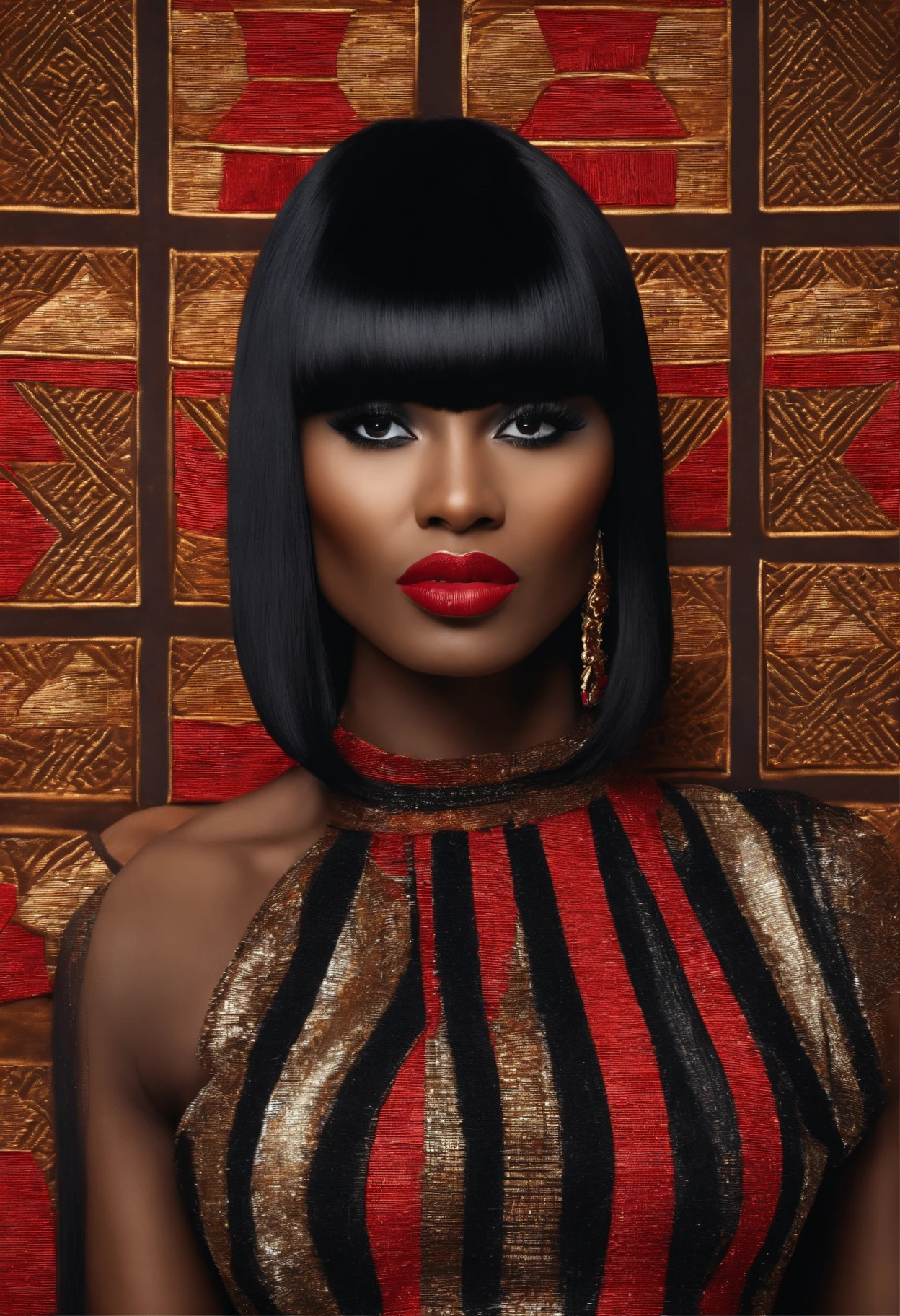 New brown-skinned woman with long straight black hair and bangs, Porter un haut noir et court,chaud, visage ovale, red lips, lipstick