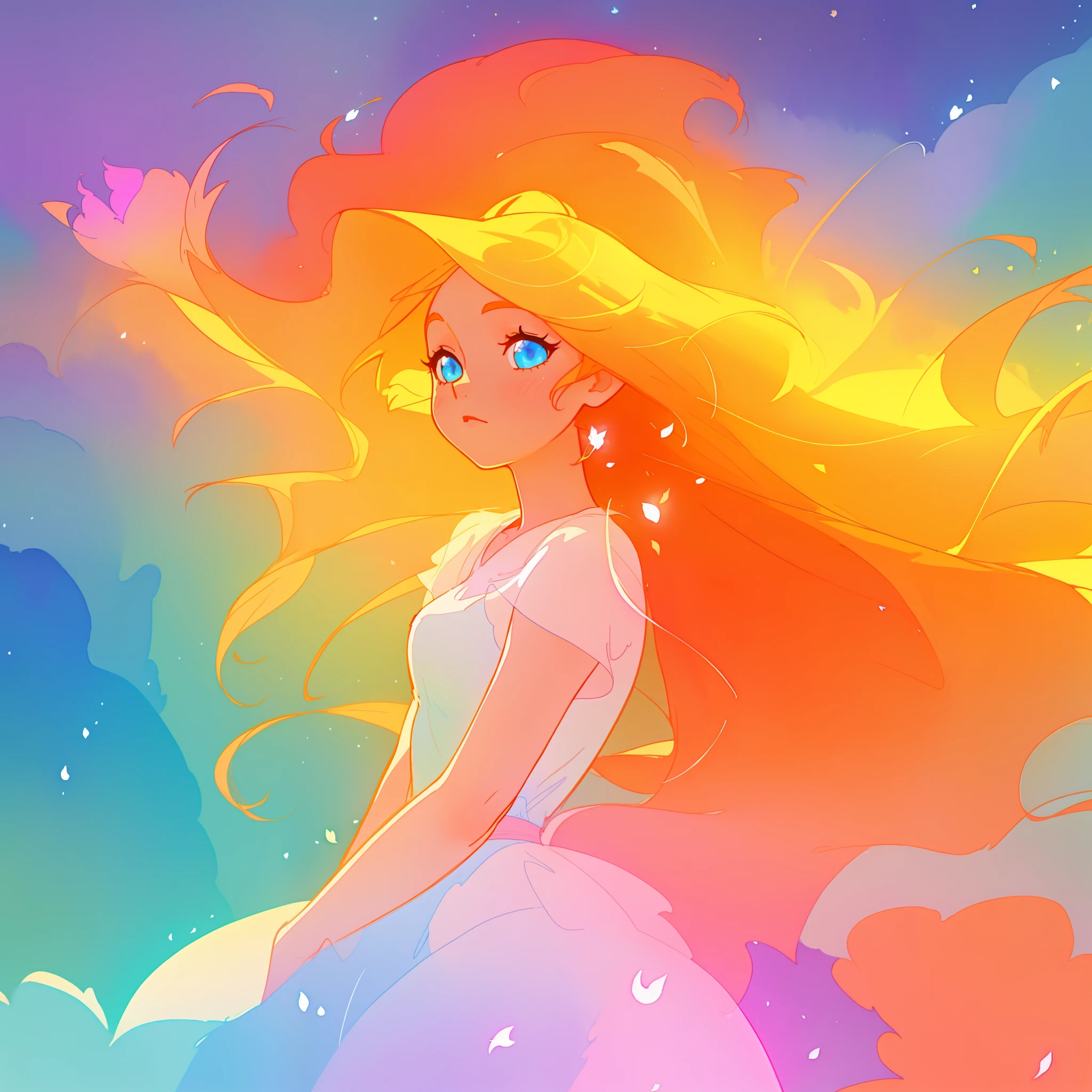 beautiful girl in white dress, fairy dress, long golden colorful hair, watercolor illustration, inspired by Glen Keane, inspired by Lois van Baarle, disney art style, by Lois van Baarle, glowing aura around her, by Glen Keane, jen bartel, glowing lights! digital painting, flowing glowing hair, glowing flowing hair, beautiful digital illustration, fantasia otherworldly landscape plants flowers, beautiful, masterpiece, best quality, anime disney style
