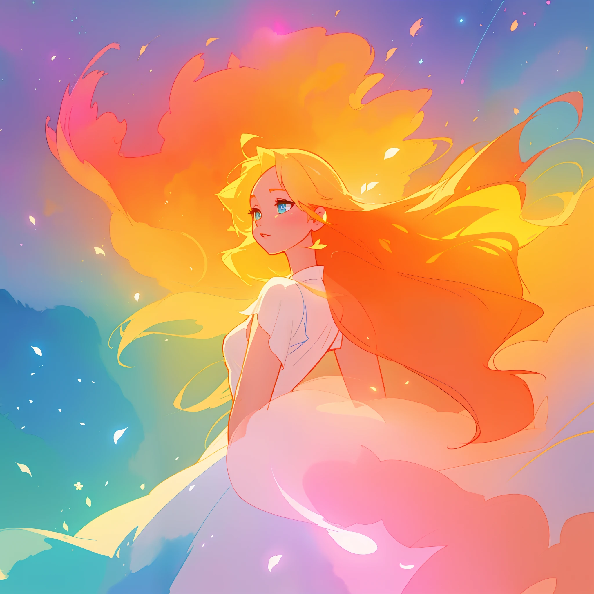 beautiful girl in white dress, fairy dress, long golden colorful hair, watercolor illustration, inspired by Glen Keane, inspired by Lois van Baarle, disney art style, by Lois van Baarle, glowing aura around her, by Glen Keane, jen bartel, glowing lights! digital painting, flowing glowing hair, glowing flowing hair, beautiful digital illustration, fantasia otherworldly landscape plants flowers, beautiful, masterpiece, best quality, anime disney style