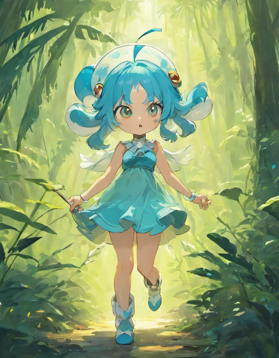 A Smurf in the rainforest.The Smurfs wear a white mushroom on their heads.Carrying a snail on its back with a stick.Big eyes.photorealestic