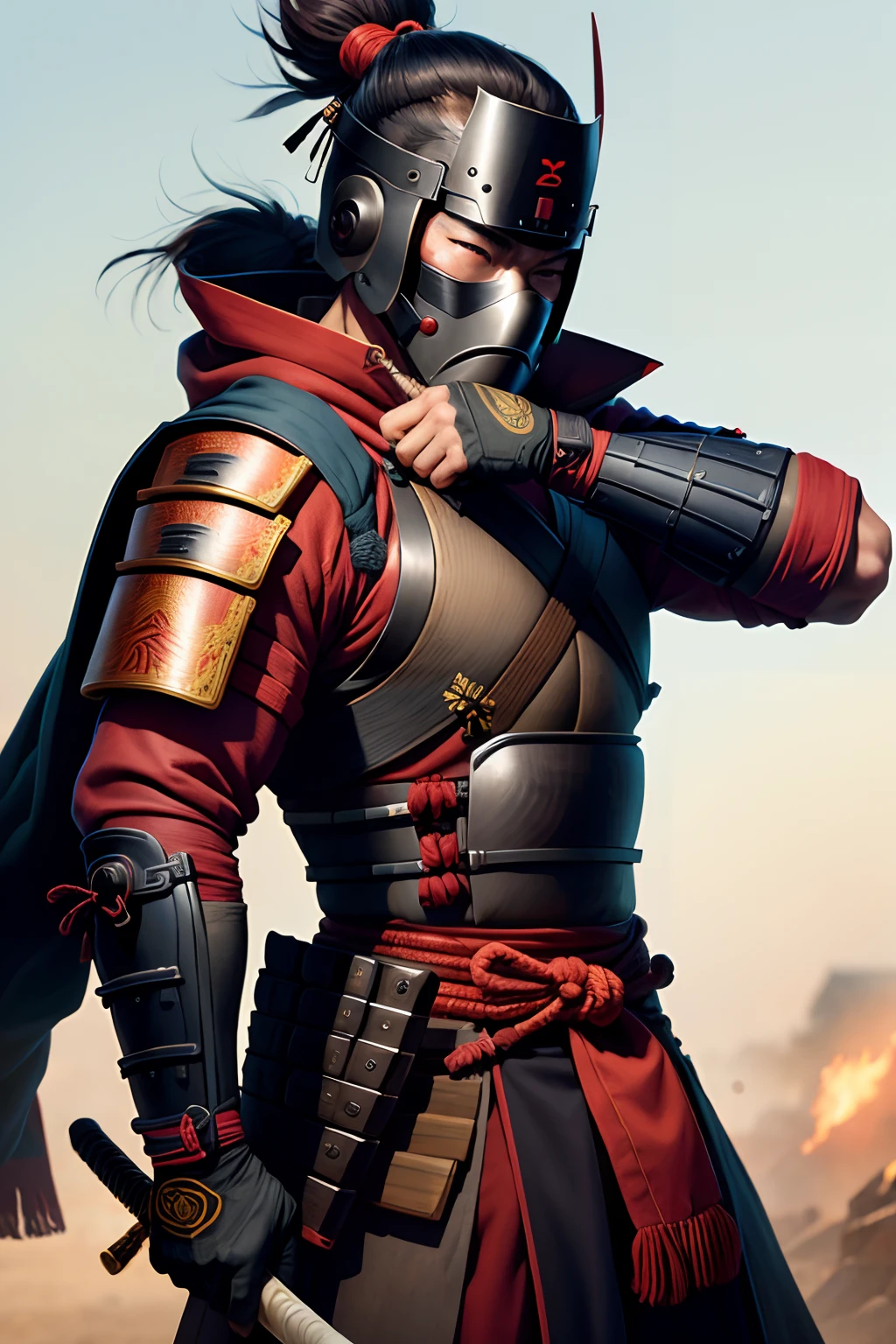 Samurai soldier in mask Using a sniper