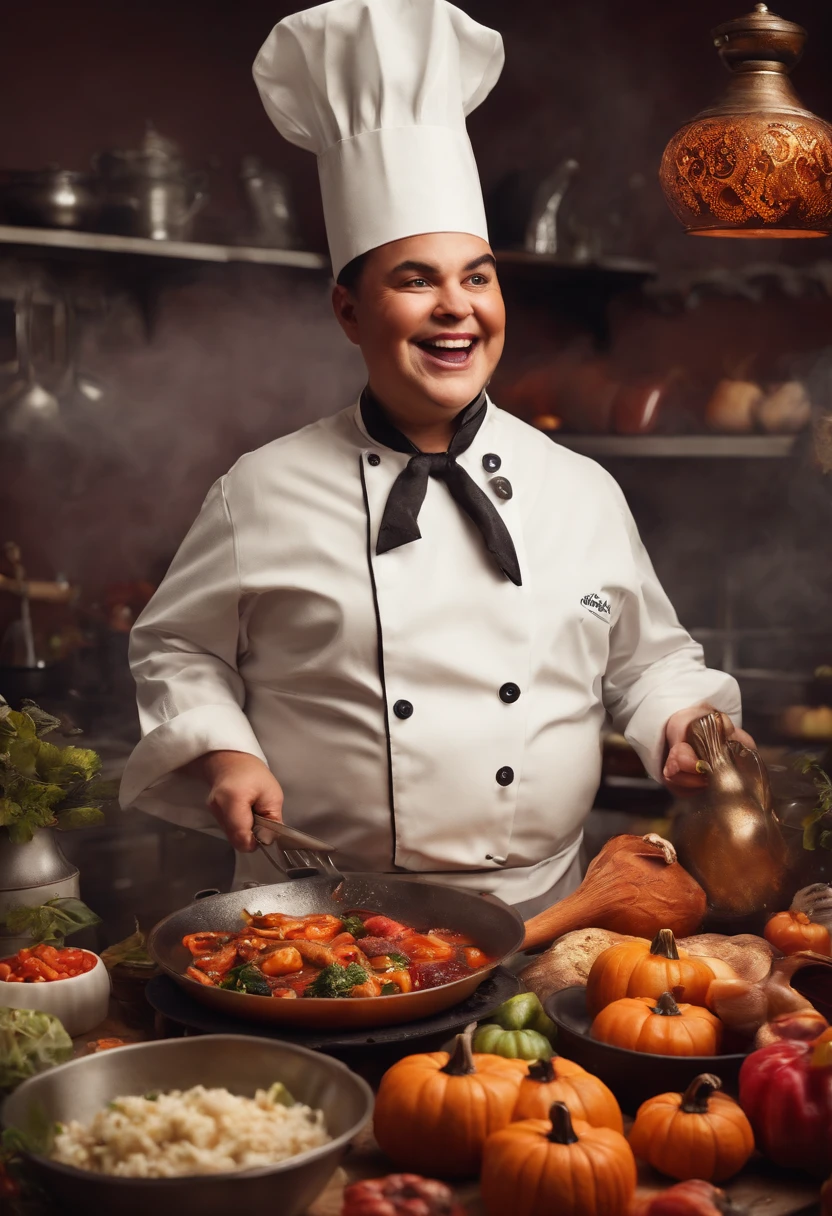 fat demon chef cooking dinner for halloween