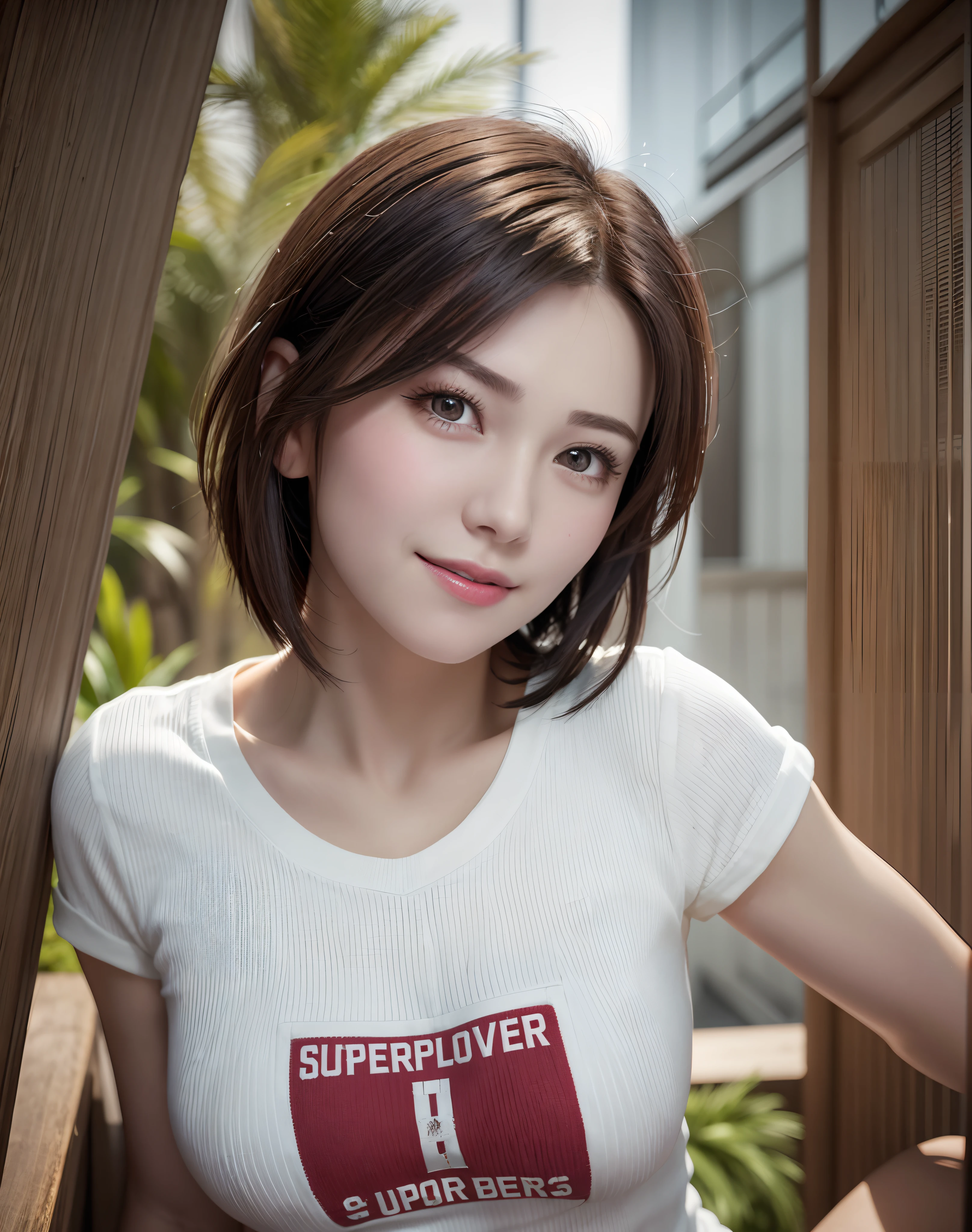 Best Quality, Ultra High Resolution, (Photorealistic: 1.4), Beautiful eyes, Super beautiful, Very short hair, Beautiful, Lovers, T-shirt with rough chest, Beautiful Soldier, An eye that invites the viewer, Lover's perspective, inviting expression, Sexy smile,...
