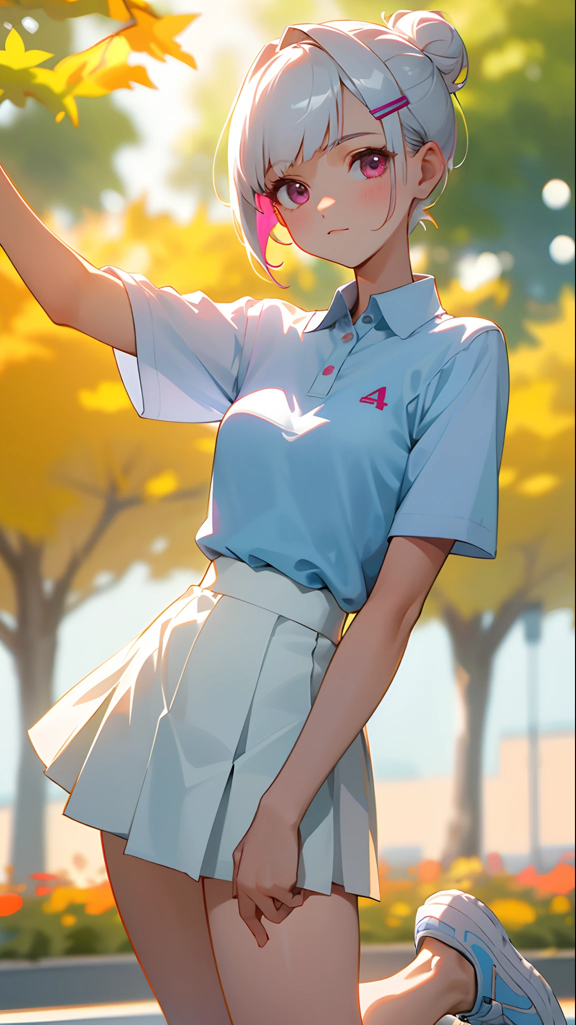 girl with, Solo, Tennis attracts, White polo shirt, White sneakers, White mini skirt, Short hair with silver bob styled in a bun with hair clip, Pink eyes, Small breasts, outside of house, Autumn trees々々々々々, Bokeh, hightquality, 4K, Portraits, Vibrant colors, Natural lighting.
