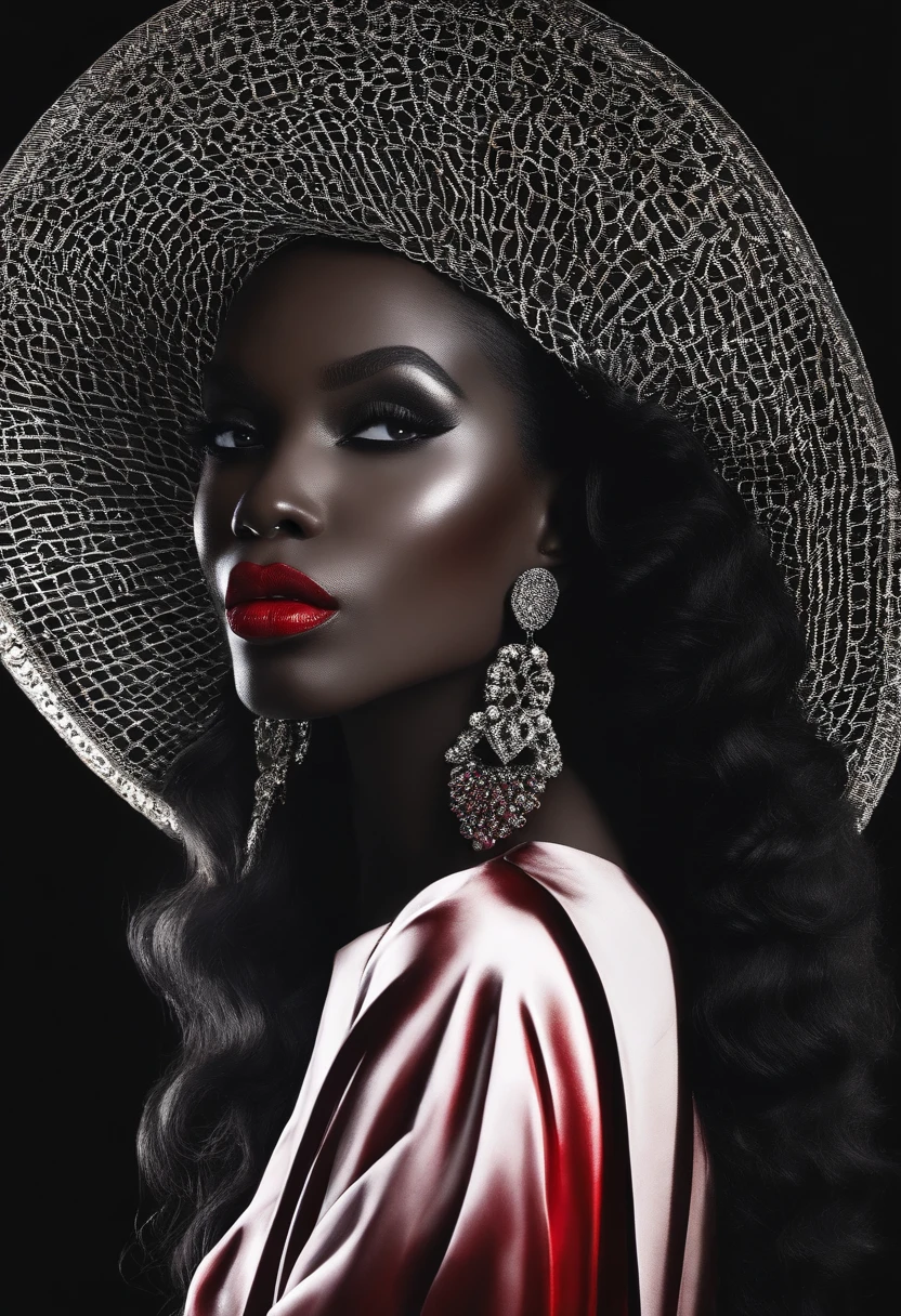 New black-skinned woman with long wavy black hair, Porter un haut noir et court,chaud, visage ovale, red lips, lipstick