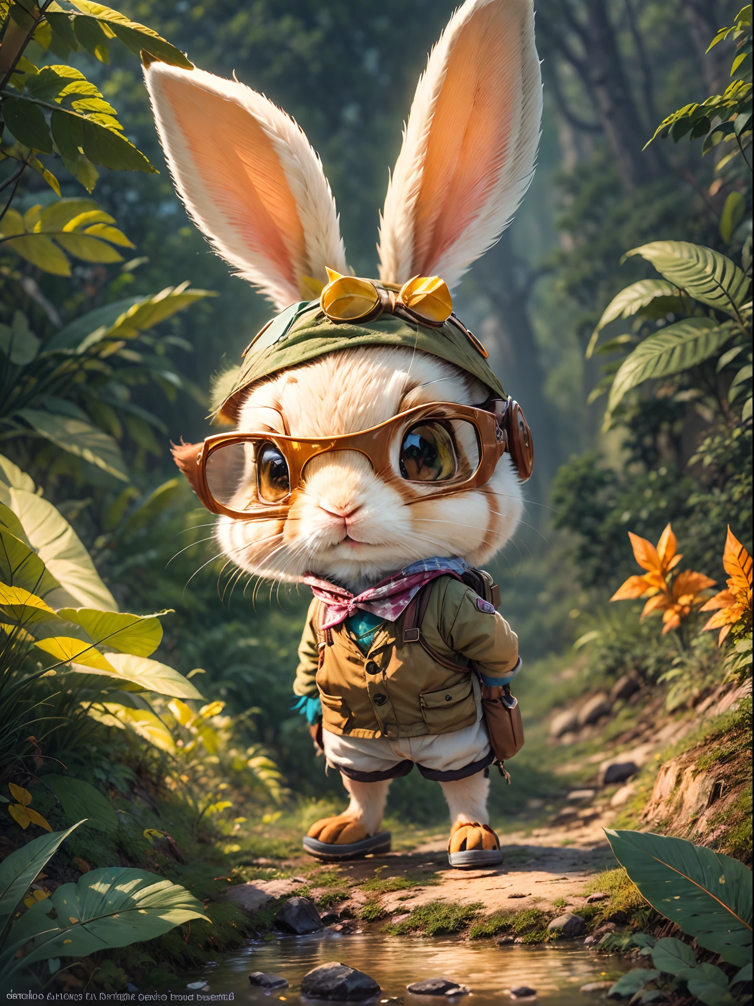 In the middle of nowhere, A rabbit excitedly embarks on an adventure. Wear a specially made explorer's outfit，With small pockets，Necessary tools and food are allowed, Wear a wide-brimmed straw hat，A brightly colored scarf is tied around it, The rabbit's eyes twinkled curiously behind a pair of funky orange sunglasses，Rabbit holds an old map with the location of the forest's treasures. Walk through the dense foliage，Cross the river, Walk towards your destination. The towering Mayan temple is made of sandstone，gleaming in the sunlight. Its surface is carved with mysterious symbols and patterns, The setting sun casts a warm glow over the temple, The rabbit began to climb the steep surface of the temple, Carefully search for each foothold and protruding stone，for safety. After reaching the top of the mountain, Rabbit was blown away by the stunning jungle scenery. From the top of the Mayan temple, The rabbit could see the endless jungle stretching into the distance, The sun illuminates the golden temple, (Ghibli-like colors, Cinematic lighting, first person perspective, angle of view, in a panoramic view, Ultra-wide angle, hyper HD, Anatomically correct, Masterpiece, ccurate, Award-Awarded, Best quality)