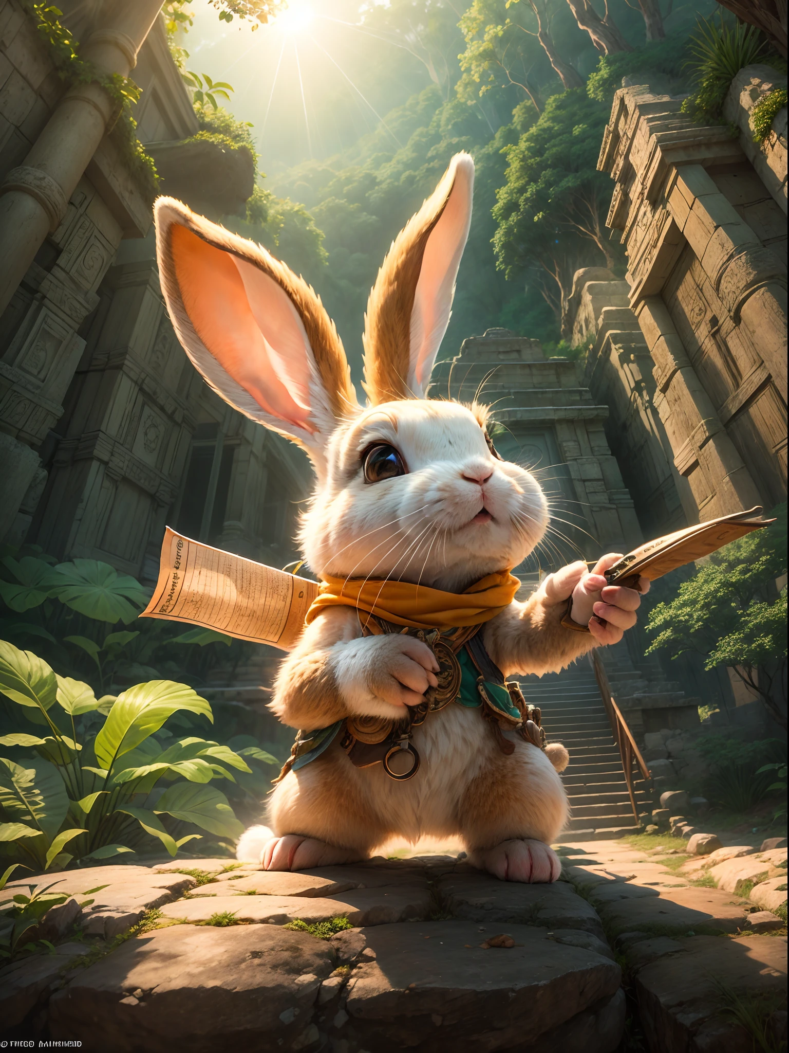 In the middle of nowhere, A rabbit excitedly embarks on an adventure. Wear a specially made explorer's outfit，With small pockets，Necessary tools and food are allowed, Wear a wide-brimmed straw hat，A brightly colored scarf is tied around it, The rabbit's eyes twinkled curiously behind a pair of funky orange sunglasses，Rabbit holds an old map with the location of the forest's treasures. Walk through the dense foliage，Cross the river, Walk towards your destination. The towering Mayan temple is made of sandstone，gleaming in the sunlight. Its surface is carved with mysterious symbols and patterns, The setting sun casts a warm glow over the temple, The rabbit began to climb the steep surface of the temple, Carefully search for each foothold and protruding stone，for safety. After reaching the top of the mountain, Rabbit was blown away by the stunning jungle scenery. From the top of the Mayan temple, The rabbit could see the endless jungle stretching into the distance, The sun illuminates the golden temple, (Ghibli-like colors, Cinematic lighting, first person perspective, angle of view, in a panoramic view, Ultra-wide angle, hyper HD, Anatomically correct, Masterpiece, ccurate, Award-Awarded, Best quality)