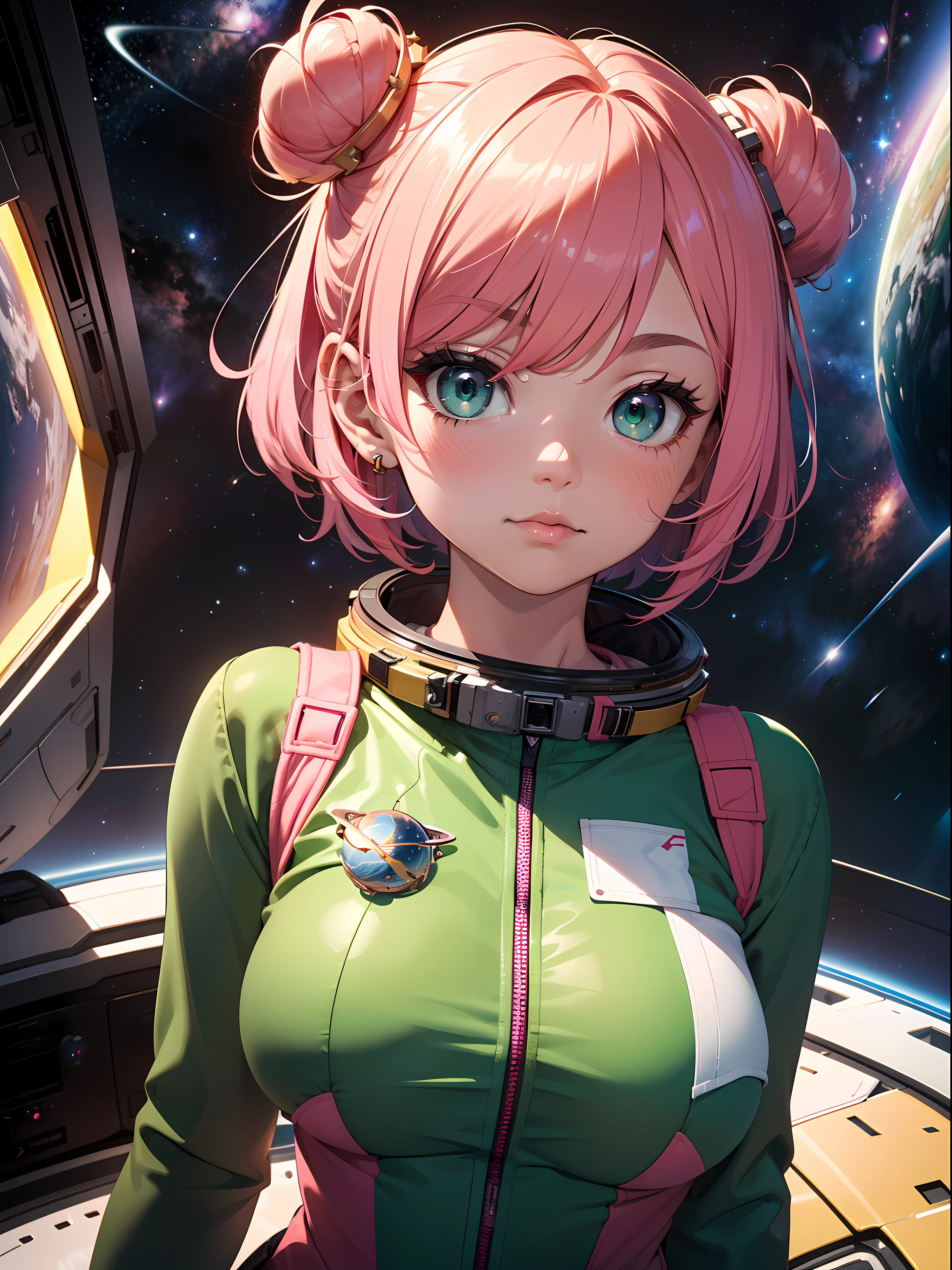 (high res, masterpiece, Ultra sharp, absurd details), 1girl, solo, cute girl, pink hair, short hair, 2 buns hair, astronaut costume, medium breast, green eyes, blush, space, stars background, floating, seen from above, wide-angle lens distortion