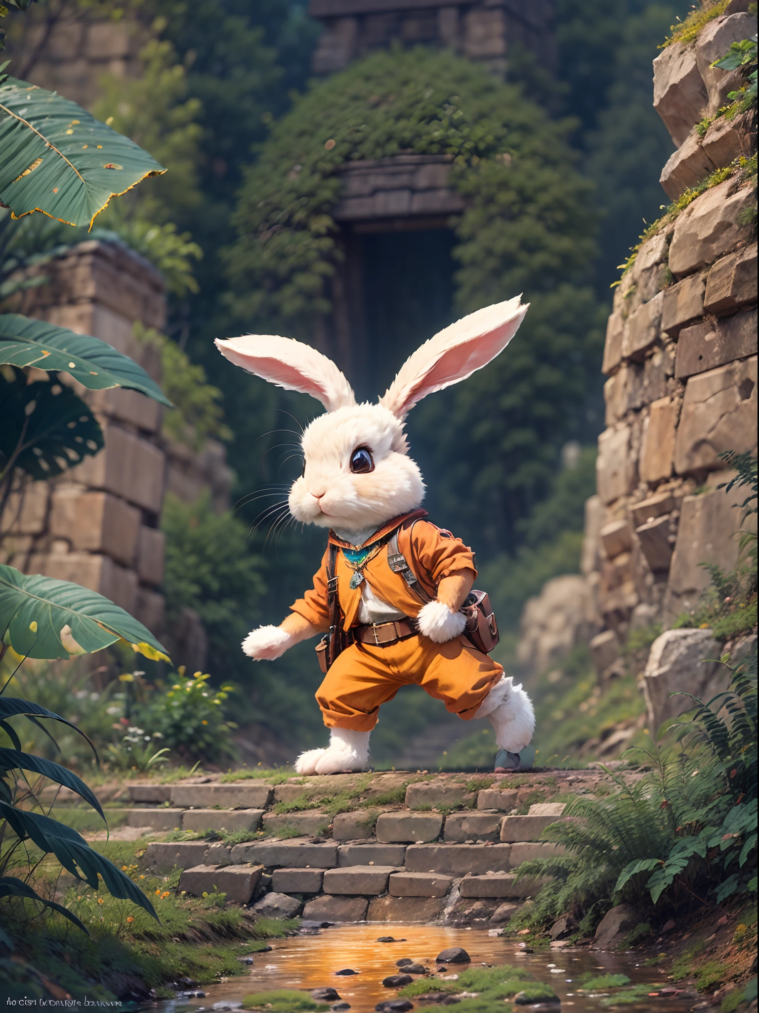 In the middle of nowhere, A rabbit excitedly embarks on an adventure. Wear a specially made explorer's outfit，With small pockets，Necessary tools and food are allowed, Wear a wide-brimmed straw hat，A brightly colored scarf is tied around it, The rabbit's eyes twinkled curiously behind a pair of funky orange sunglasses，Rabbit holds an old map with the location of the forest's treasures. Walk through the dense foliage，Cross the river, Walk towards your destination. The towering Mayan temple is made of sandstone，gleaming in the sunlight. Its surface is carved with mysterious symbols and patterns, The setting sun casts a warm glow over the temple, The rabbit began to climb the steep surface of the temple, Carefully search for each foothold and protruding stone，for safety. After reaching the top of the mountain, Rabbit was blown away by the stunning jungle scenery. From the top of the Mayan temple, The rabbit could see the endless jungle stretching into the distance, The sun illuminates the golden temple, (Ghibli-like colors, Cinematic lighting, first person perspective, angle of view, in a panoramic view, Ultra-wide angle, hyper HD, Anatomically correct, Masterpiece, ccurate, Award-Awarded, Best quality)