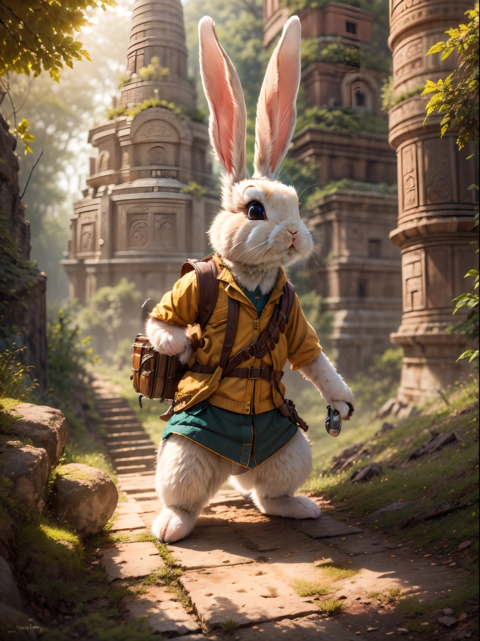 In the vast forest, A rabbit excitedly embarks on an adventure. Wear a specially made explorer's outfit. The outfit also has small pockets，Necessary tools and food can be carried, Wears a wide-brimmed straw hat，A bright silk scarf is tied on it, The eyes sparkle curiously behind a pair of funky orange sunglasses, ((Rabbit has an old map in his hand))，The location of the treasure of the forest is marked on it. Walk through dense trees and rivers, One step at a time, you will be able to reach your destination. The towering Mayan temple is made of sand，gleaming in the sunlight. Its surface is carved with mysterious symbols and patterns, The setting sun casts a warm glow over the temple, The rabbit began to climb the steep surface of the temple. Carefully search for every foothold and protruding stone，to ensure her safety. When the rabbit reaches the top of the mountain, Be amazed by the spectacular jungle scenery. From the top of the Mayan temple, The endless desert can be seen stretching into the distance. The sun illuminates the golden temple, (Ghibli-like colors, Cinematic lighting, first person perspective, angle of view, in a panoramic view, Ultra-wide angle, hyper HD, Anatomically correct, Masterpiece, ccurate, Award-Awarded, Best quality)