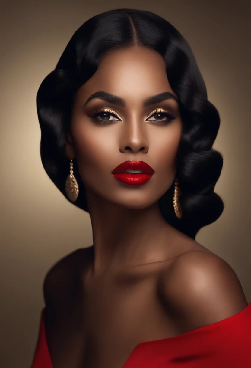 New brown-skinned woman with long wavy black hair, Porter un haut noir et court,chaud, visage ovale, red lips, lipstick
