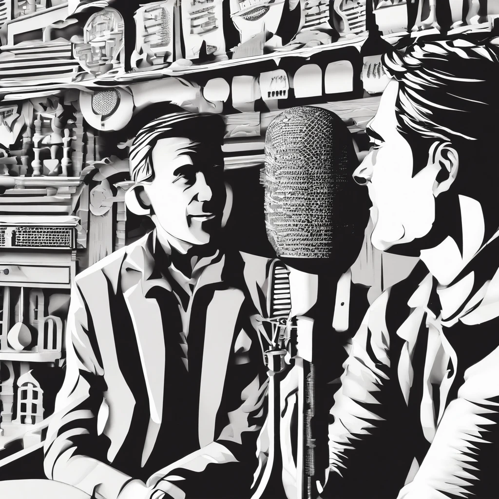 Father and son talk in front of the microphone