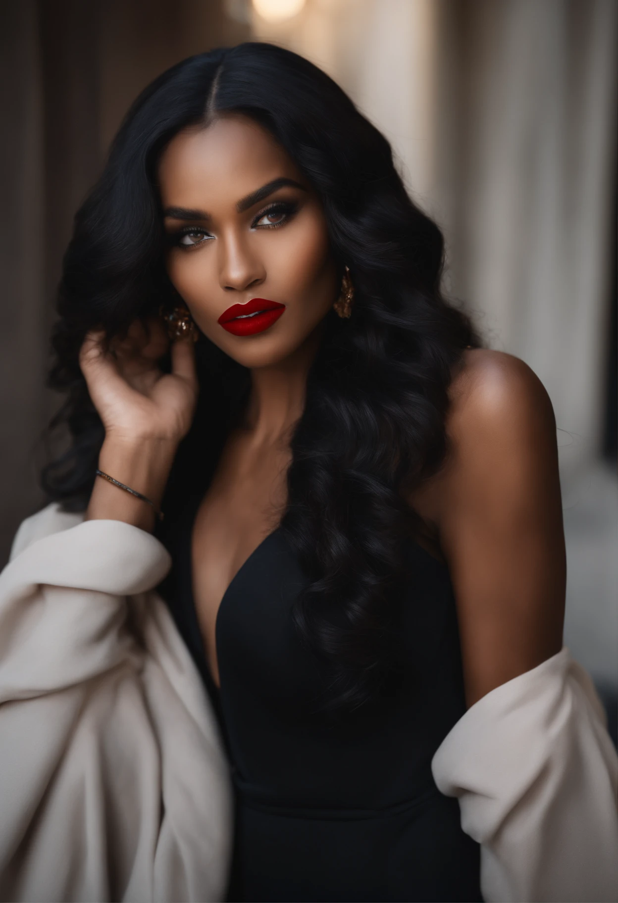 New brown-skinned woman with long wavy black hair, Porter un haut noir et court,chaud, visage ovale, red lips, lipstick