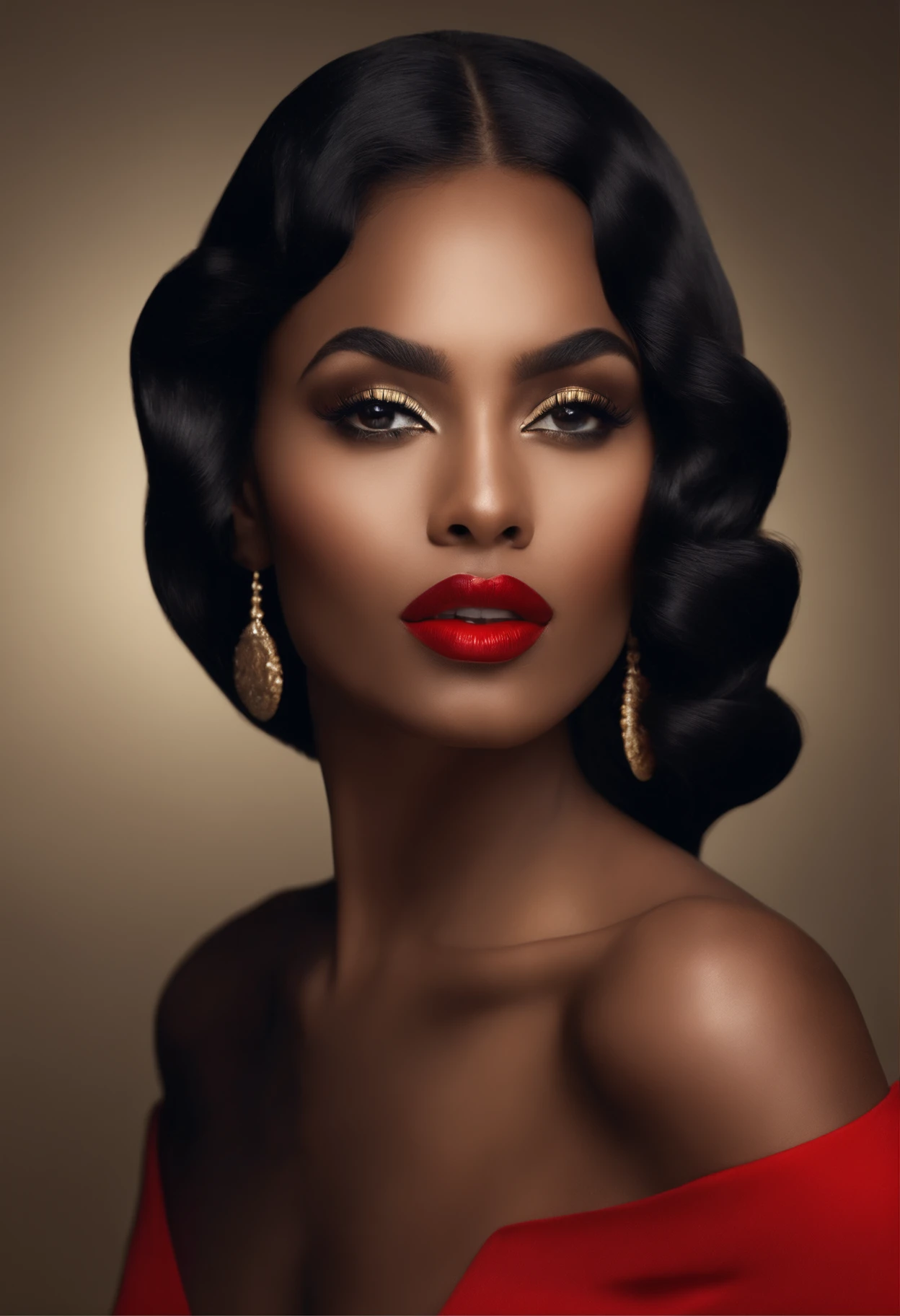 New brown-skinned woman with long wavy black hair, Porter un haut noir et court,chaud, visage ovale, red lips, lipstick