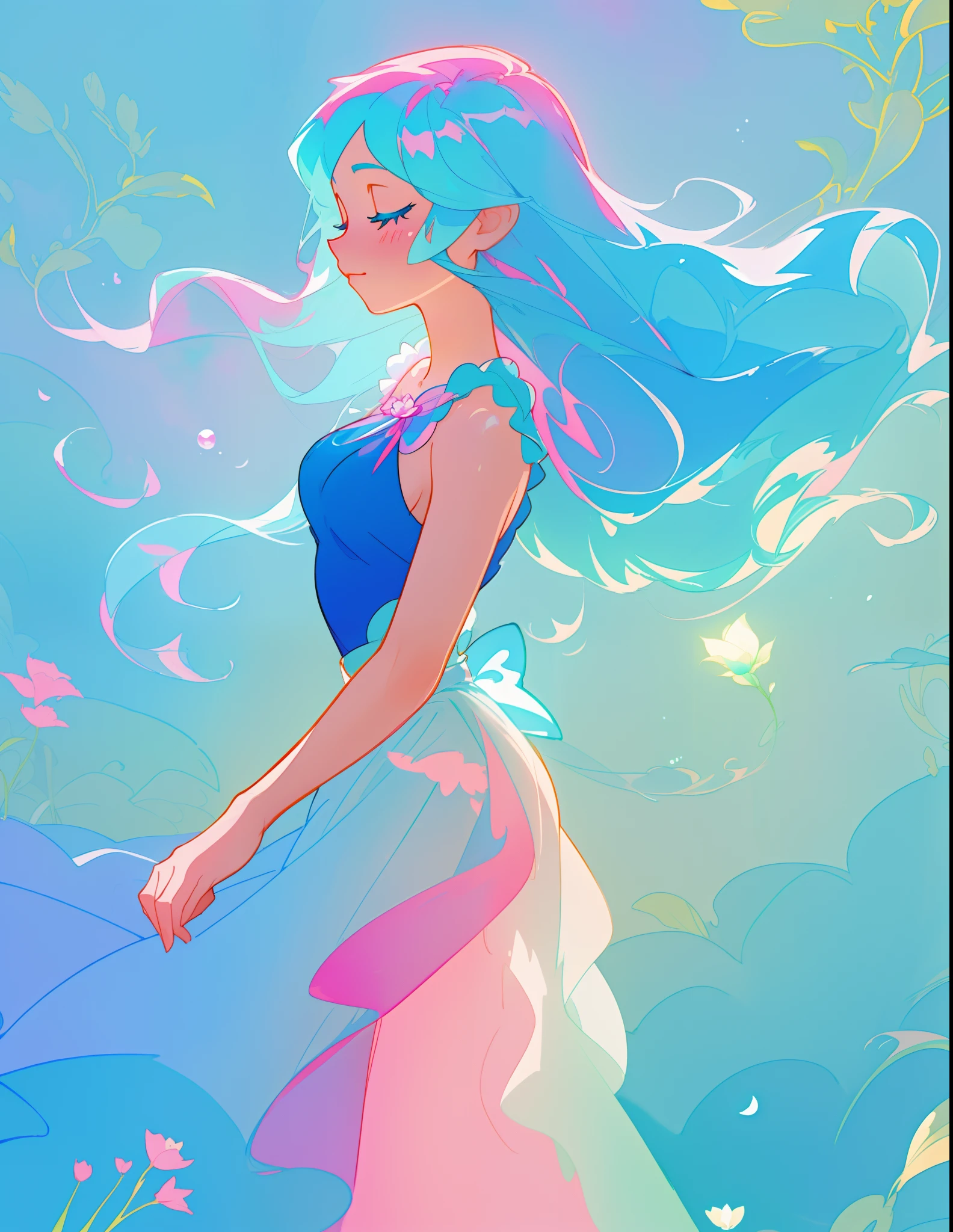 beautiful girl in colorful flowing ballgown, fairy dress, long flowing blue hair, blue aqua mint and pink colors, bubbles, watercolor illustration, inspired by Glen Keane, inspired by Lois van Baarle, disney art style, by Lois van Baarle, glowing aura around her, by Glen Keane, jen bartel, glowing lights! digital painting, flowing glowing hair, glowing flowing hair, beautiful digital illustration, fantasia otherworldly landscape plants flowers, beautiful, masterpiece, best quality, anime disney style