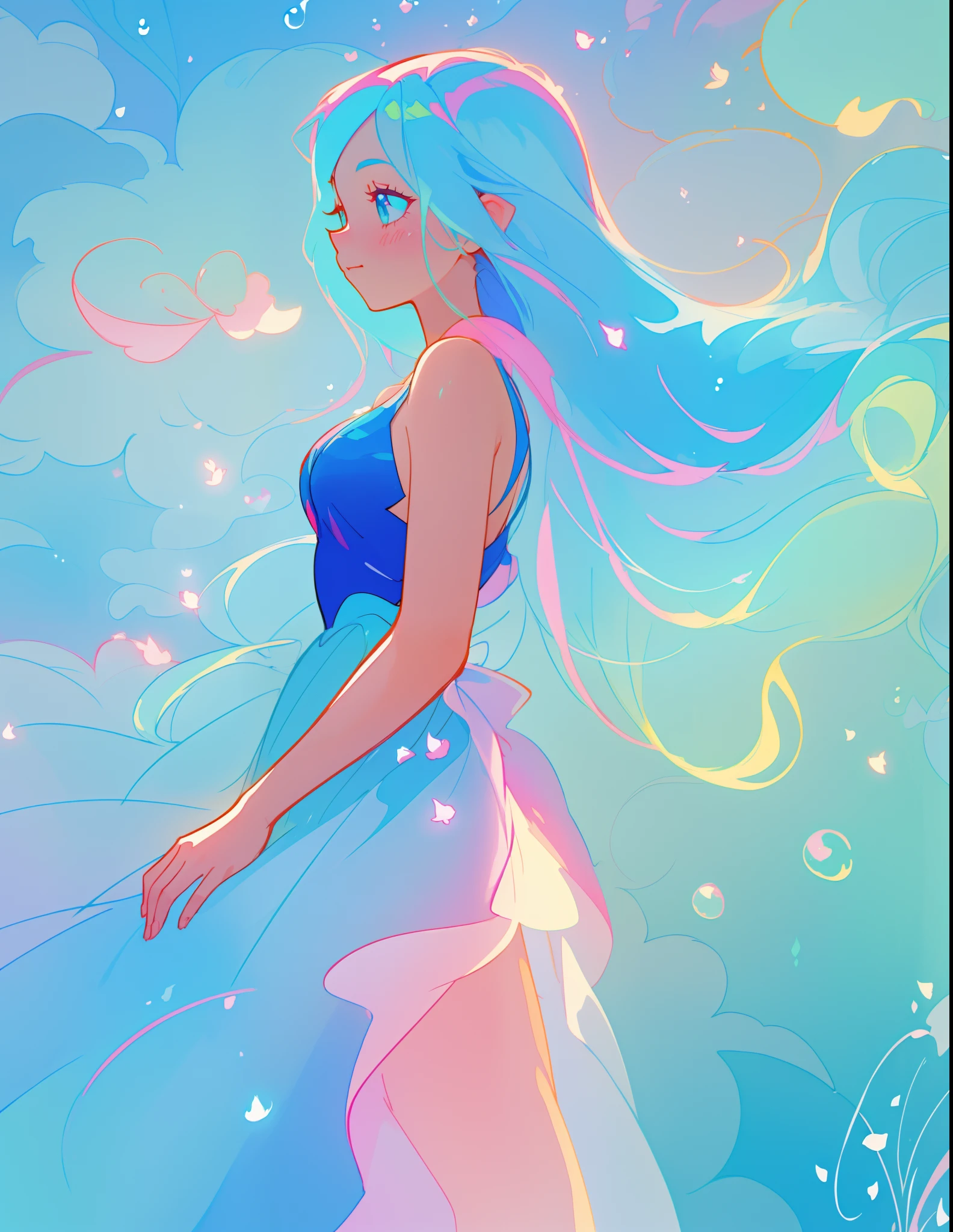 beautiful girl in colorful flowing ballgown, fairy dress, long flowing blue hair, blue aqua mint and pink colors, bubbles, watercolor illustration, inspired by Glen Keane, inspired by Lois van Baarle, disney art style, by Lois van Baarle, glowing aura around her, by Glen Keane, jen bartel, glowing lights! digital painting, flowing glowing hair, glowing flowing hair, beautiful digital illustration, fantasia otherworldly landscape plants flowers, beautiful, masterpiece, best quality, anime disney style