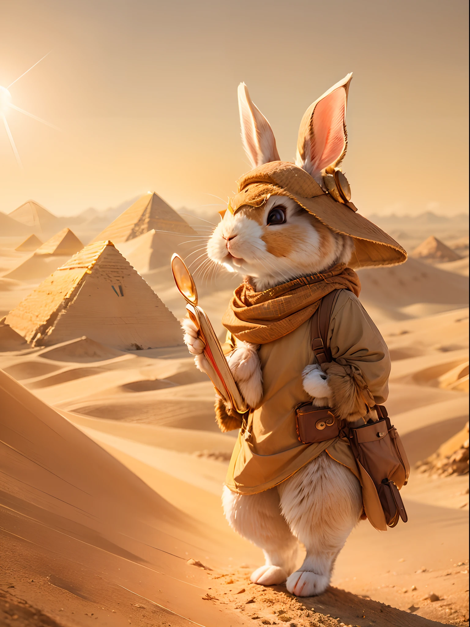 In the vast desert, A rabbit excitedly embarks on an adventure. Wear a specially made explorer's outfit. The outfit also has small pockets，Necessary tools and food can be carried, Wears a wide-brimmed straw hat，A bright silk scarf is tied on it, The eyes sparkle curiously behind a pair of funky orange sunglasses, In her hand, ((Rabbit holding an old map))，The location of the desert pyramid is marked above. Walk through sand dunes and desert vegetation, One step at a time, you will be able to reach your destination. The towering building is made of golden sand，gleaming in the sunlight. Its surface is carved with mysterious symbols and patterns, The setting sun casts a warm glow over the pyramids, The rabbit began to climb the steep surface of the pyramid. She carefully searched for every foothold and protruding stone，to ensure her safety. When the rabbit reaches the top of the mountain, Be amazed by the spectacular desert scenery. From the top of the pyramid, The endless desert can be seen stretching into the distance. The sun illuminates the golden dunes, (Ghibli-like colors, Cinematic lighting, first person perspective, angle of view, in a panoramic view, Ultra-wide angle, hyper HD, Anatomically correct, Masterpiece, ccurate, Award-Awarded, Best quality)，