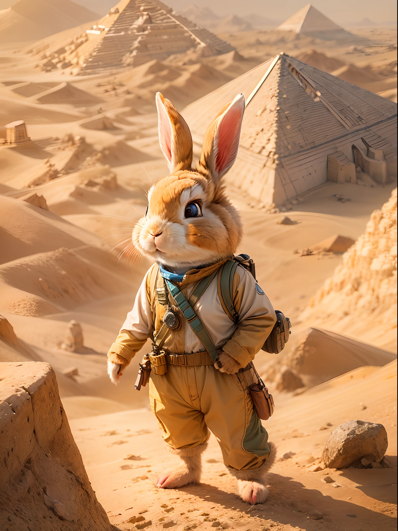 In the vast desert, A rabbit excitedly embarks on an adventure. Wear a specially made explorer's outfit. The outfit also has small pockets，Necessary tools and food can be carried, Wears a wide-brimmed straw hat，A bright silk scarf is tied on it, The eyes sparkle curiously behind a pair of funky orange sunglasses, In her hand, ((Rabbit holding an old map))，The location of the desert pyramid is marked above. Walk through sand dunes and desert vegetation, One step at a time, you will be able to reach your destination. The towering building is made of golden sand，gleaming in the sunlight. Its surface is carved with mysterious symbols and patterns, The setting sun casts a warm glow over the pyramids, The rabbit began to climb the steep surface of the pyramid. She carefully searched for every foothold and protruding stone，to ensure her safety. When the rabbit reaches the top of the mountain, Be amazed by the spectacular desert scenery. From the top of the pyramid, The endless desert can be seen stretching into the distance. The sun illuminates the golden dunes, (Ghibli-like colors, Cinematic lighting, first person perspective, angle of view, in a panoramic view, Ultra-wide angle, hyper HD, Anatomically correct, Masterpiece, ccurate, Award-Awarded, Best quality)，