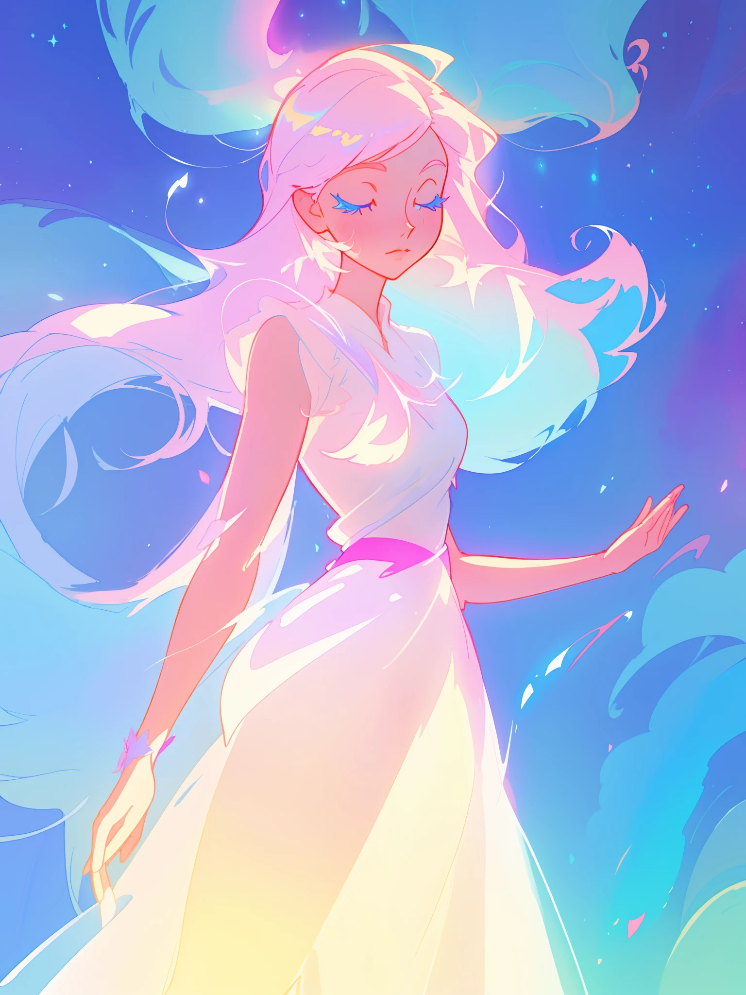 beautiful girl in white dress, fairy dress, long colorful liquid hair, watercolor illustration, inspired by Glen Keane, inspired by Lois van Baarle, disney art style, by Lois van Baarle, glowing aura around her, by Glen Keane, jen bartel, glowing lights! digital painting, flowing glowing hair, glowing flowing hair, beautiful digital illustration, fantasia otherworldly landscape plants flowers, beautiful, masterpiece, best quality, anime disney style