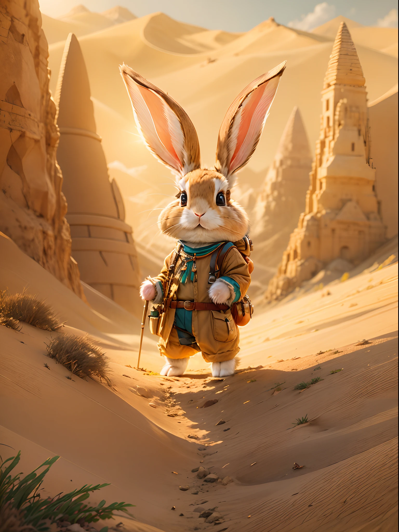 In the vast desert, A rabbit excitedly embarks on an adventure. Wear a specially made explorer's outfit. The outfit also has small pockets，Necessary tools and food can be carried, Wears a wide-brimmed straw hat，A bright silk scarf is tied on it, The eyes sparkle curiously behind a pair of funky orange sunglasses, In her hand, ((Rabbit holding an old map))，The location of the desert pyramid is marked above. Walk through sand dunes and desert vegetation, One step at a time, you will be able to reach your destination. The towering building is made of golden sand，gleaming in the sunlight. Its surface is carved with mysterious symbols and patterns, The setting sun casts a warm glow over the pyramids, The rabbit began to climb the steep surface of the pyramid. She carefully searched for every foothold and protruding stone，to ensure her safety. When the rabbit reaches the top of the mountain, Be amazed by the spectacular desert scenery. From the top of the pyramid, The endless desert can be seen stretching into the distance. The sun illuminates the golden dunes, (Ghibli-like colors, Cinematic lighting, first person perspective, angle of view, in a panoramic view, Ultra-wide angle, hyper HD, Anatomically correct, Masterpiece, ccurate, Award-Awarded, Best quality)，