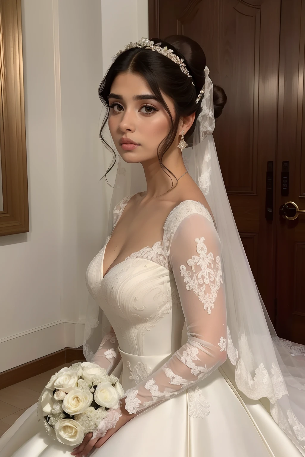 year: 2023. Location: madrid. Pre-Raphaelite scene with a 32-year-old Diane Guerrero, sentada, Luxurious room, ((((panic attack)))), estresado, nervioso, ((((2020s Wedding Dress)))) ((Hairstyle of the 2020s, Low bun)), ((("OMITB" cinematography)))