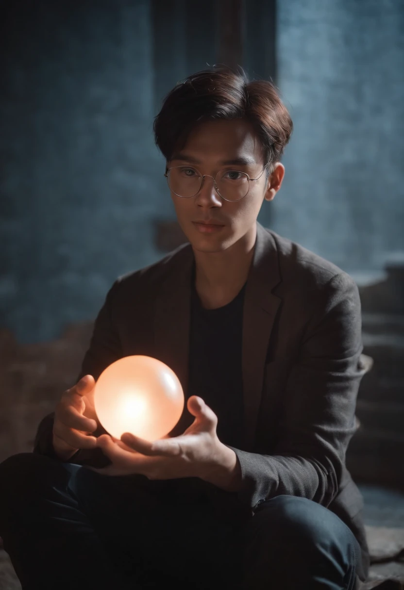 ((Homme)), Anime, cheveux noirs moyens, dark skinned, verres de lunettes brillantes, mouth closed and expressionless, assis, with his hands holding a glowing orb while two other glowing spheres orbit around him.