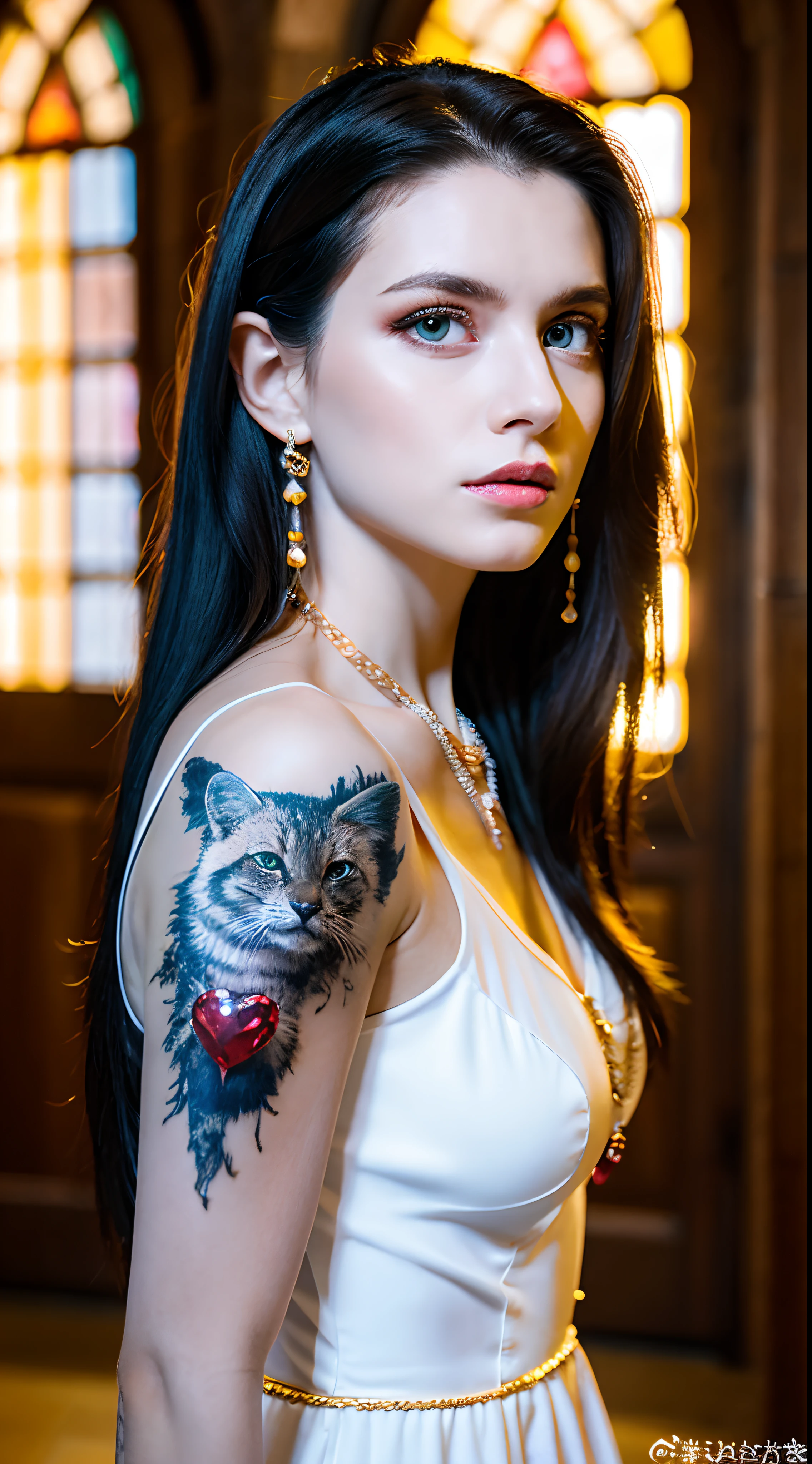 RAW, professional photograph, movie photograph, medium shot, Female elf, twenty years old, white dress, medieval dress, dress with crimson gems, crimson jewelry, animals tattoos, athletic body, soft facial features, long hair, straight hair, blue hair, neon blue eyes, realism, hyperrealism, ray tracing, high details, super detail, UHD, 8k,