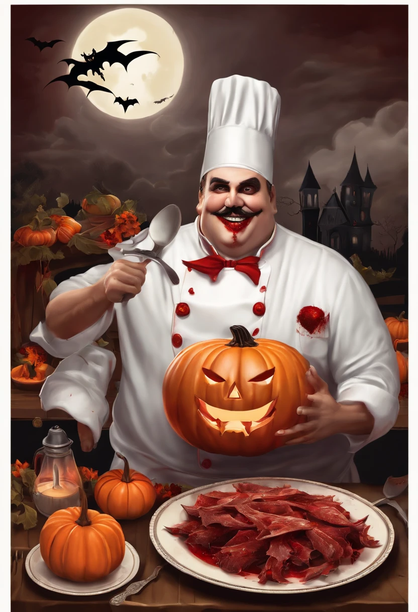 fat vampire chef cooking halloween dinner. The vampire chef has evil red eyes, There are thorns on his face, vampire teeth. A bat flies above him. Pumpkins and blood on the table