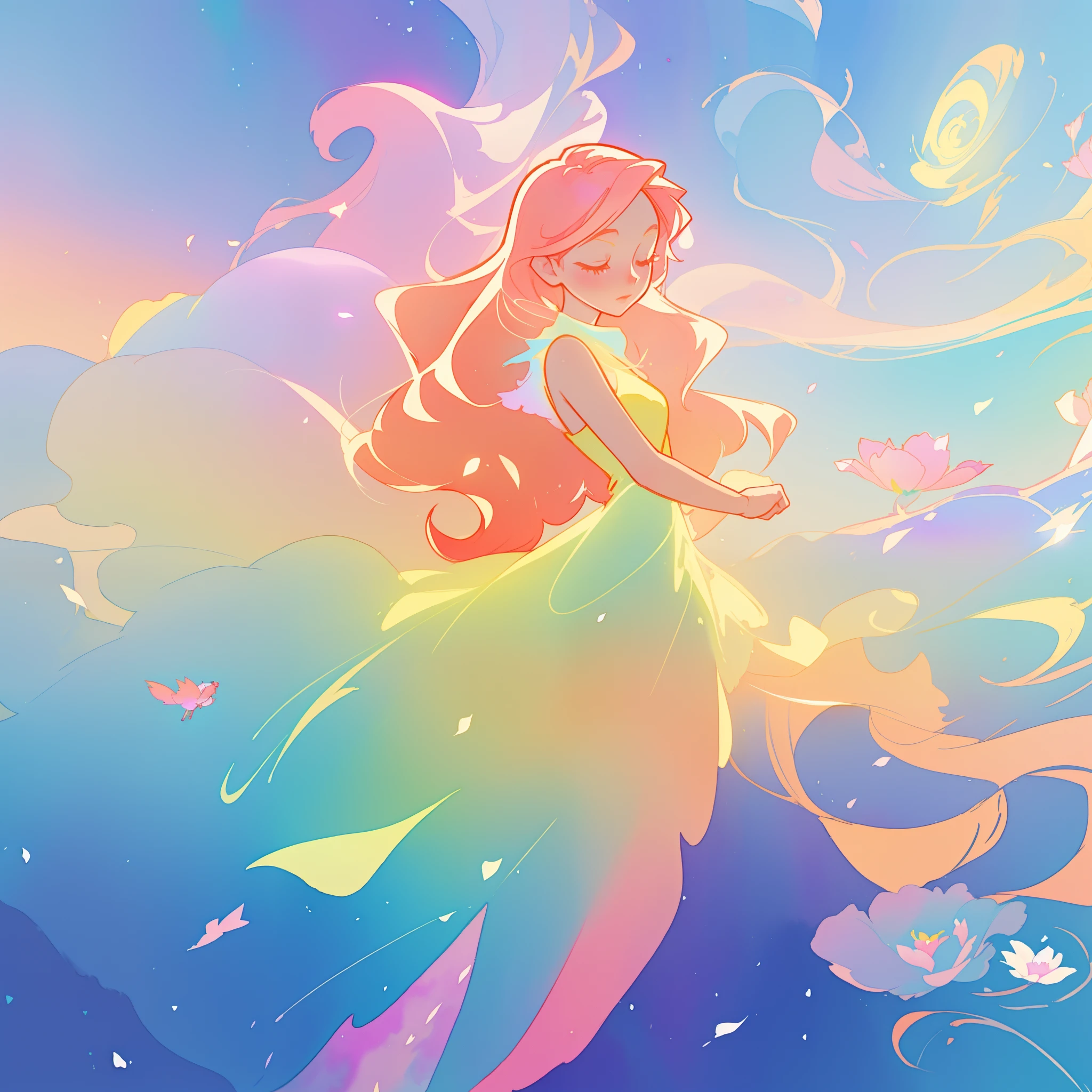 beautiful girl in ombre gradient dress, fairy dress, long golden pink hair, colorful watercolor background, watercolor illustration, inspired by Glen Keane, inspired by Lois van Baarle, disney art style, by Lois van Baarle, glowing aura around her, by Glen Keane, jen bartel, glowing lights! digital painting, flowing glowing hair, glowing flowing hair, beautiful digital illustration, fantasia otherworldly landscape plants flowers, beautiful, masterpiece, best quality, anime disney style