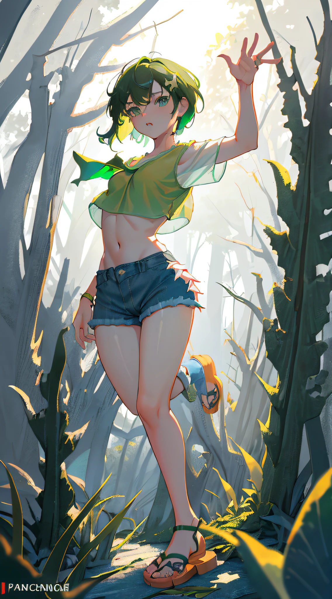 (flat color:0.9),(splendid:1.1),(masterpiece:1,2), Top Quality, masterpiece, high resolucion, Source, highly detailed wallpaper, Viewing the viewer,,(Solo:1.2), intriciate detail, 1 belly button, Cheeky look, Sagging middle breasts, (Green Eyes:1.3), (Green short hair:1.5), (Dress Shirts, Denim shorts, sandals, Denim shorts:1.5), Dress Shirts, (Dynamic Pose, Dynamic Angle:1.2), skiny, (Misty forest backdrop:1.2)