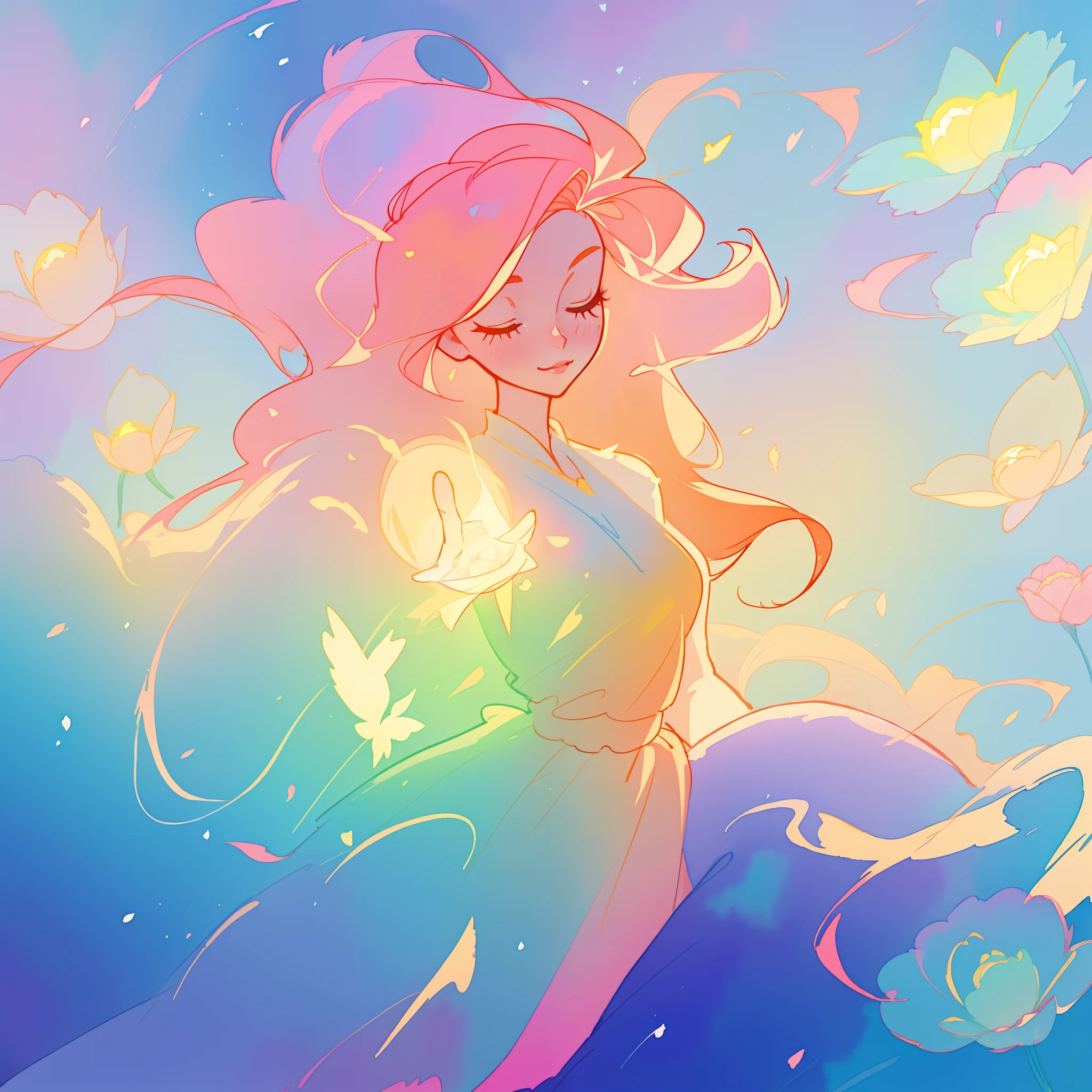 beautiful girl in ombre gradient dress, fairy dress, long golden pink hair, colorful watercolor background, watercolor illustration, inspired by Glen Keane, inspired by Lois van Baarle, disney art style, by Lois van Baarle, glowing aura around her, by Glen Keane, jen bartel, glowing lights! digital painting, flowing glowing hair, glowing flowing hair, beautiful digital illustration, fantasia otherworldly landscape plants flowers, beautiful, masterpiece, best quality, anime disney style