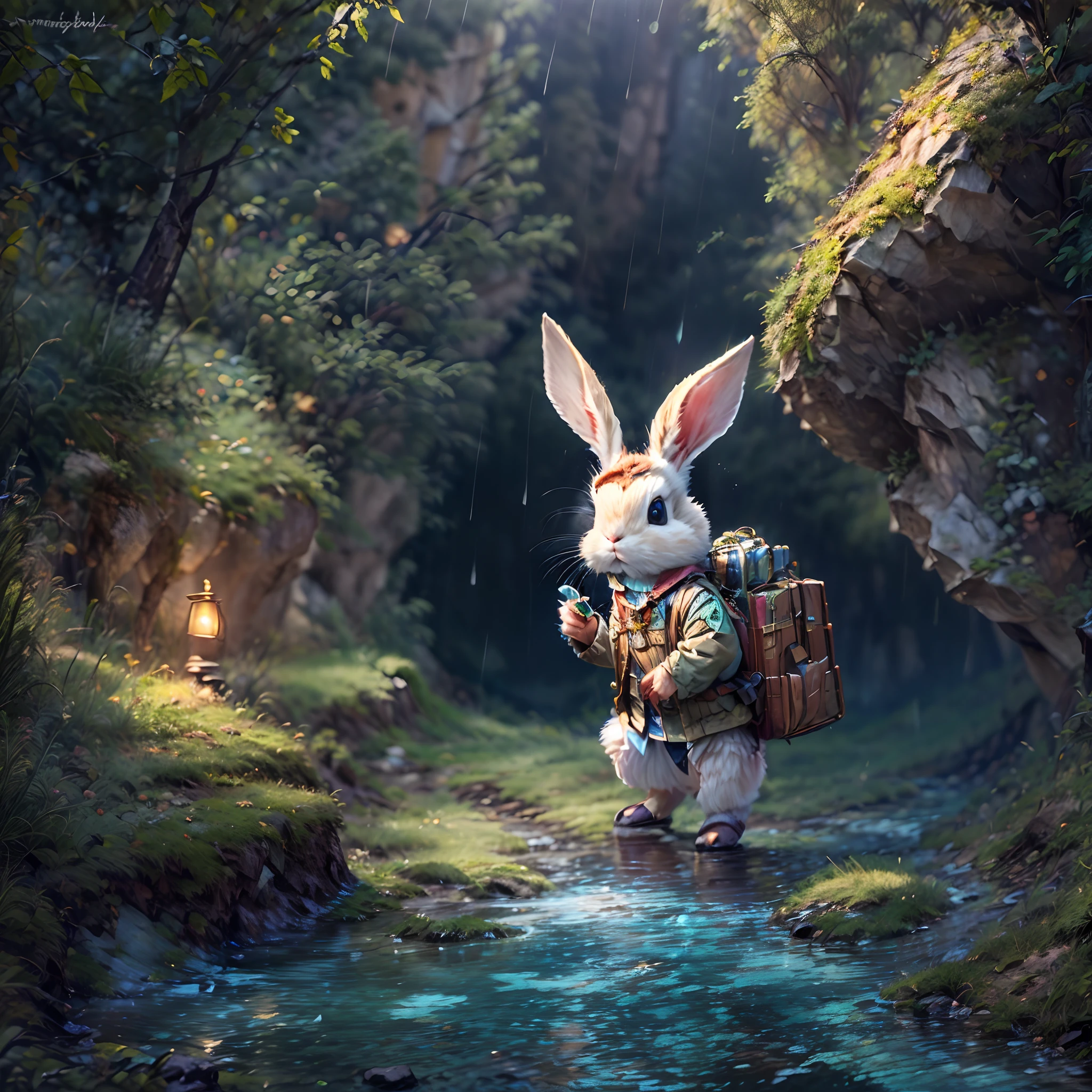 ((tmasterpiece))，((best qualtiy))，((The is very detailed：1.3))，(When a cute little rabbit in an adventurous mountaineering suit steps into a dark cave, A faint ray of sunlight shines through the slit of the suit, Wear a special explorer suit. The outfit also has small pockets, Necessary tools and food can be carried, Wears a wide-brimmed straw hat, Tie a brightly colored silk scarf on top, Embroidered gold adventure badge, It symbolizes courage and adventurous spirit, Look at the map in your hand: 1.5)，The cave is full of ancient atmosphere，The walls are covered with sparkling crystals，Go deep into the cave, The rabbit discovers a hidden passage，The walls of the passage are inlaid with pearls of strange shapes，radiating a soft，Walk cautiously through the passage，The faint sound of running water was heard，Stunning underground waterfalls。 Waterfalls rush down from the towering rock faces，A pool of crystal clear water is formed。The pool shimmered blue，There seems to be an endless treasure hidden，Explore an island made up of pearls and gemstones in the water， There is an elaborate treasure chest on the island，Set with sparkling diamonds。The rabbit carefully opens the box，Found filled with glittering gems and gold coins。 (Cinematic lighting, first person perspective, angle of view, in a panoramic view, Ultra-wide angle, hyper HD, Anatomically correct, Masterpiece, ccurate, Award-Awarded, Best quality)