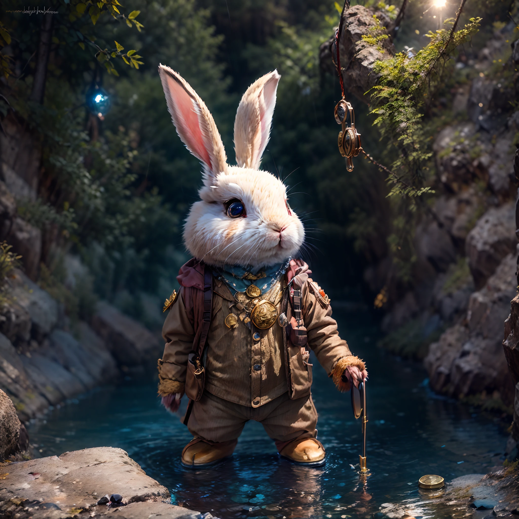 ((tmasterpiece))，((best qualtiy))，((The is very detailed：1.3))，(When a cute little rabbit in an adventurous mountaineering suit steps into a dark cave, A faint ray of sunlight shines through the slit of the suit, Wear a special explorer suit. The outfit also has small pockets, Necessary tools and food can be carried, Wears a wide-brimmed straw hat, Tie a brightly colored silk scarf on top, Embroidered gold adventure badge, It symbolizes courage and adventurous spirit, Look at the map in your hand: 1.5)，The cave is full of ancient atmosphere，The walls are covered with sparkling crystals，Go deep into the cave, The rabbit discovers a hidden passage，The walls of the passage are inlaid with pearls of strange shapes，radiating a soft，Walk cautiously through the passage，The faint sound of running water was heard，Stunning underground waterfalls。 Waterfalls rush down from the towering rock faces，A pool of crystal clear water is formed。The pool shimmered blue，There seems to be an endless treasure hidden，Explore an island made up of pearls and gemstones in the water， There is an elaborate treasure chest on the island，Set with sparkling diamonds。The rabbit carefully opens the box，Found filled with glittering gems and gold coins。 (Cinematic lighting, first person perspective, angle of view, in a panoramic view, Ultra-wide angle, hyper HD, Anatomically correct, Masterpiece, ccurate, Award-Awarded, Best quality)