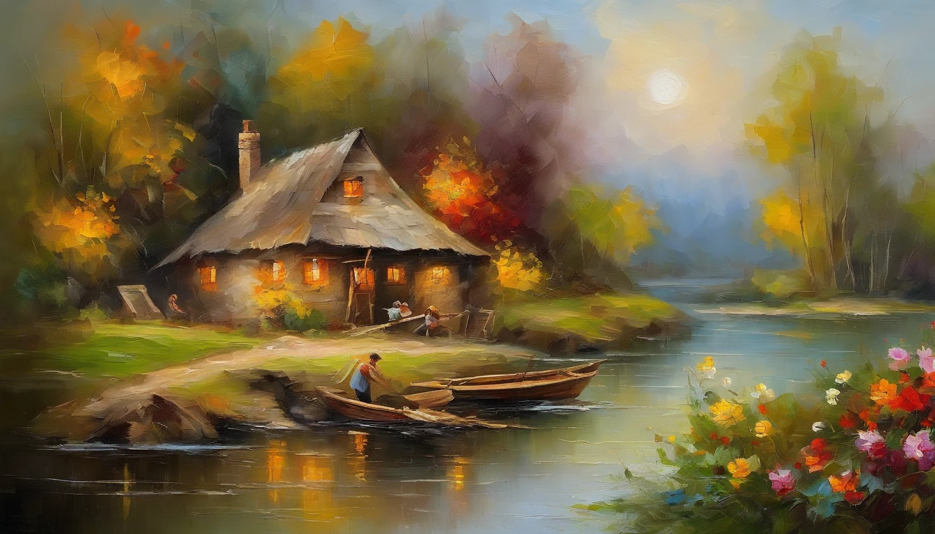 There is an old cottage by the river, Fishing boats near the water hut, ((Ducklings swim near the boat)), Flowers bloom next to the cottage, An old man smokes,Sit in front of the cabin. Masterpiece works of art.