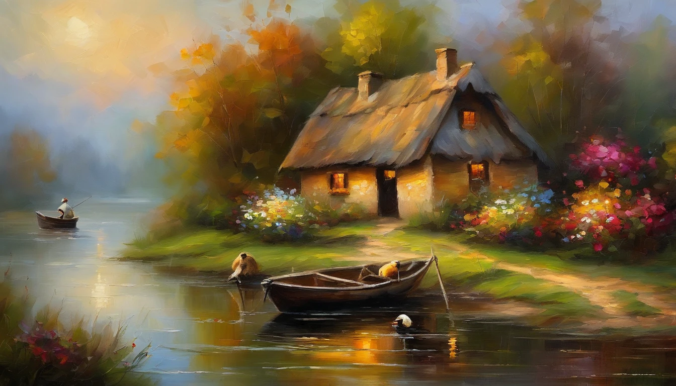 There is an old cottage by the river, Fishing boats near the water hut, ((Ducklings swim near the boat)), Flowers bloom next to the cottage, An old man smokes,Sit in front of the cabin. Masterpiece works of art.