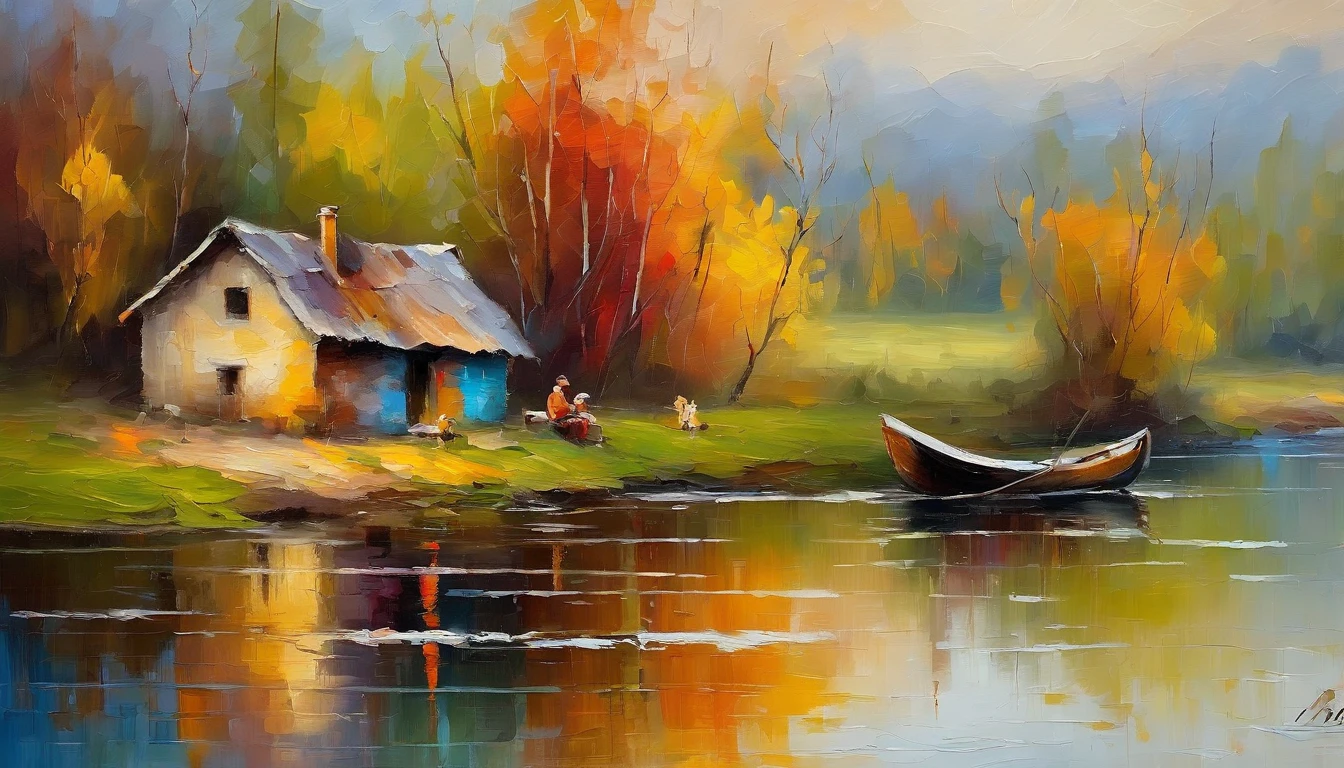 There is an old cottage by the river, Fishing boats near the water hut, ((Ducklings swim near the boat)), Flowers bloom next to the cottage, An old man smokes,Sit in front of the cabin. Masterpiece works of art.