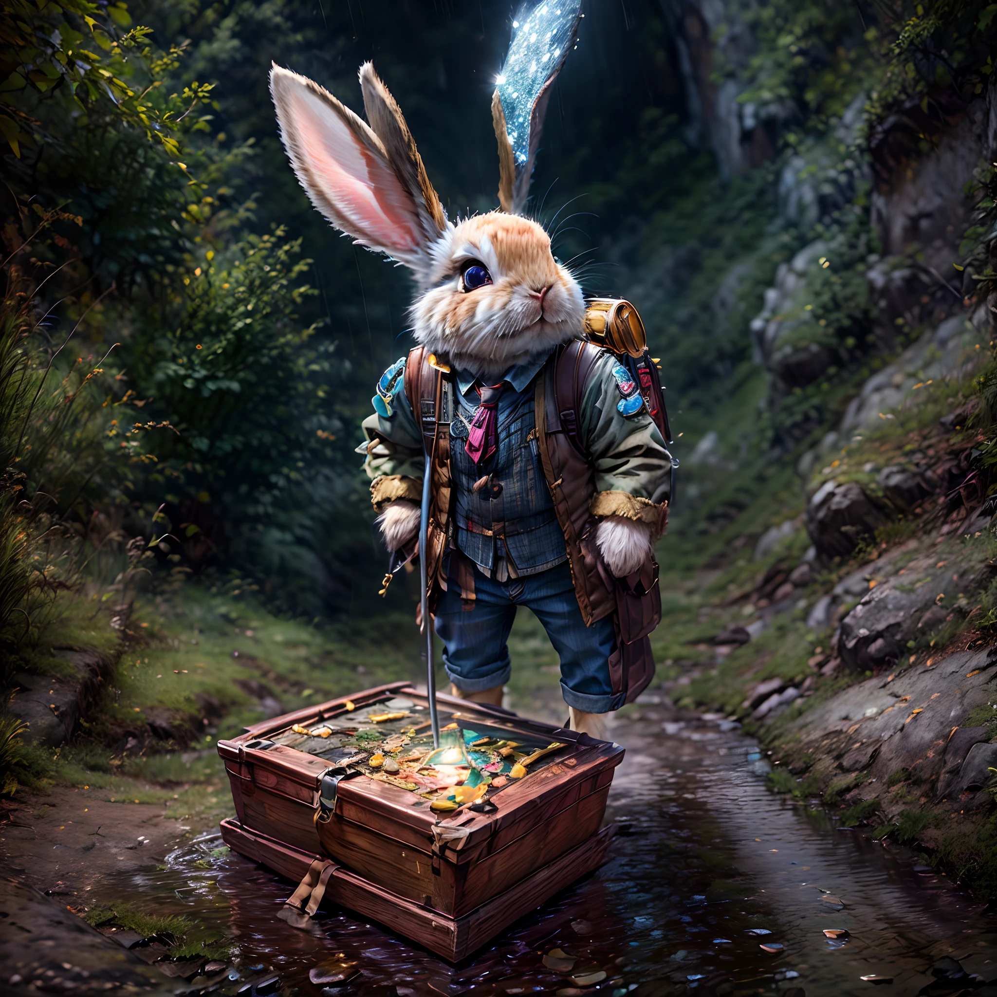 ((tmasterpiece))，((best qualtiy))，((The is very detailed：1.3))，(When a cute little rabbit in an adventurous mountaineering suit steps into a dark cave, A faint ray of sunlight shines through the slit of the suit, Wear a special explorer suit. The outfit also has small pockets, Necessary tools and food can be carried, Wears a wide-brimmed straw hat, Tie a brightly colored silk scarf on top, Embroidered gold adventure badge, It symbolizes courage and adventurous spirit, Look at the map in your hand: 1.5)，The cave is full of ancient atmosphere，The walls are covered with sparkling crystals，Go deep into the cave, The rabbit discovers a hidden passage，The walls of the passage are inlaid with pearls of strange shapes，radiating a soft，Walk cautiously through the passage，The faint sound of running water was heard，Stunning underground waterfalls。 Waterfalls rush down from the towering rock faces，A pool of crystal clear water is formed。The pool shimmered blue，There seems to be an endless treasure hidden，Explore an island made up of pearls and gemstones in the water， There is an elaborate treasure chest on the island，Set with sparkling diamonds。The rabbit carefully opens the box，Found filled with glittering gems and gold coins。 (Cinematic lighting, first person perspective, angle of view, in a panoramic view, Ultra-wide angle, hyper HD, Anatomically correct, Masterpiece, ccurate, Award-Awarded, Best quality)