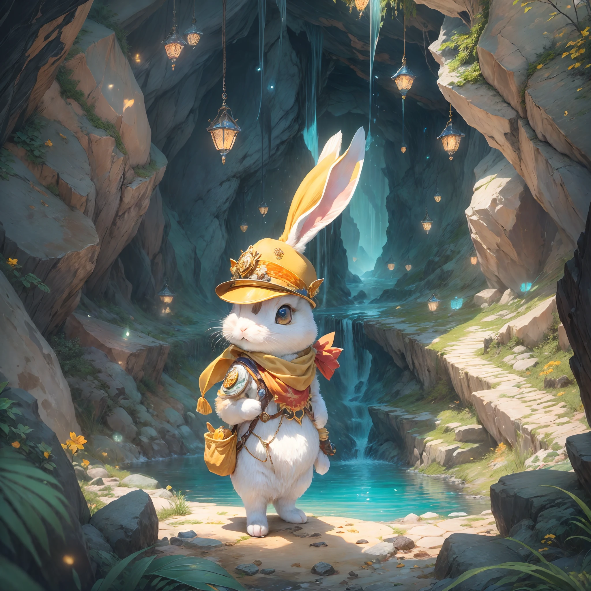 ((tmasterpiece))，((best qualtiy))，((The is very detailed：1.3))，(When a cute little bunny wearing an adventure mountain climbing outfit steps into a dark cave, A faint ray of sunlight shines through the slit in the suit, Wear a special explorer suit. This suit also has small pockets, Can carry necessary tools and food, Wearing a wide-brimmed straw hat, Tie a bright silk scarf on it, Embroidered gold adventure badge, It symbolizes courage and adventurous spirit, Look at the map in your hand: 1.5)，The cave is filled with an ancient atmosphere，The walls are covered with sparkling crystals，Go deep into the cave, Rabbit discovers a hidden passage，The walls of the passage are inlaid with pearls of strange shapes，radiating a soft，Walk cautiously through the passage，The faint sound of running water was heard，Stunning underground waterfalls。 Waterfalls rush down from the towering rock faces，A pool of crystal clear water is formed。The pool shimmered blue，There seems to be an endless treasure hidden，Explore an island made up of pearls and gemstones in the water， There is an elaborate treasure chest on the island，Set with sparkling diamonds。Rabbit cautiously opens the chest，Found filled with glittering gems and gold coins。 (Cinematic lighting, first person perspective, angle of view, in a panoramic view, Ultra-wide angle, hyper HD, Anatomically correct, Masterpiece, ccurate, Award-Awarded, Best quality)