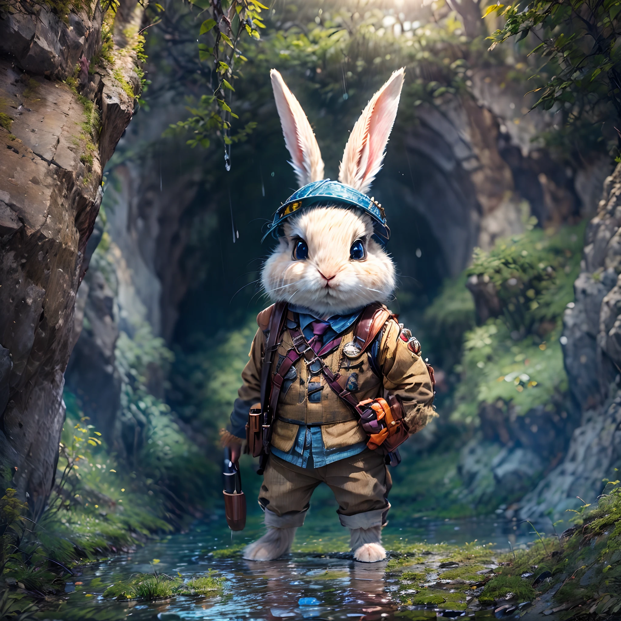 ((tmasterpiece))，((best qualtiy))，((The is very detailed：1.3))，(When a cute little bunny wearing an adventure mountain climbing outfit steps into a dark cave, A faint ray of sunlight shines through the slit in the suit, Wear a special explorer suit. This suit also has small pockets, Can carry necessary tools and food, Wearing a wide-brimmed straw hat, Tie a bright silk scarf on it, Embroidered gold adventure badge, It symbolizes courage and adventurous spirit, Look at the map in your hand: 1.5)，The cave is filled with an ancient atmosphere，The walls are covered with sparkling crystals，Go deep into the cave, Rabbit discovers a hidden passage，The walls of the passage are inlaid with pearls of strange shapes，radiating a soft，Walk cautiously through the passage，The faint sound of running water was heard，Stunning underground waterfalls。 Waterfalls rush down from the towering rock faces，A pool of crystal clear water is formed。The pool shimmered blue，There seems to be an endless treasure hidden，Explore an island made up of pearls and gemstones in the water， There is an elaborate treasure chest on the island，Set with sparkling diamonds。Rabbit cautiously opens the chest，Found filled with glittering gems and gold coins。 (Cinematic lighting, first person perspective, angle of view, in a panoramic view, Ultra-wide angle, hyper HD, Anatomically correct, Masterpiece, ccurate, Award-Awarded, Best quality)