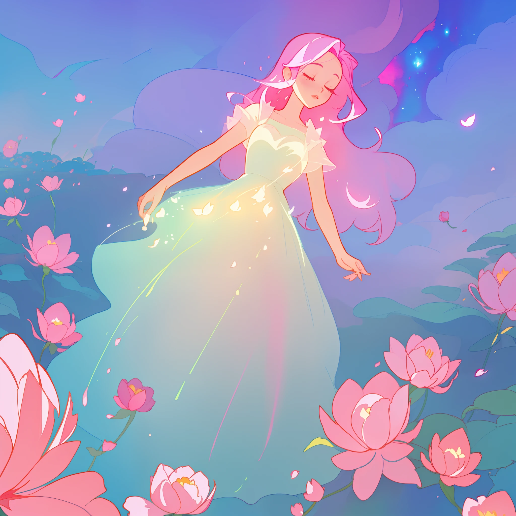 beautiful girl in puffy white ballgown, a field with circular pink red flowers, otherworldly flowers, glowing lights, whimsical landscape, long pink flowing hair, watercolor illustration, inspired by Glen Keane, inspired by Lois van Baarle, disney art style, by Lois van Baarle, glowing aura around her, by Glen Keane, jen bartel, glowing lights! digital painting, flowing glowing hair, glowing flowing hair, beautiful digital illustration, fantasia otherworldly landscape plants flowers, beautiful, masterpiece, best quality, anime disney style