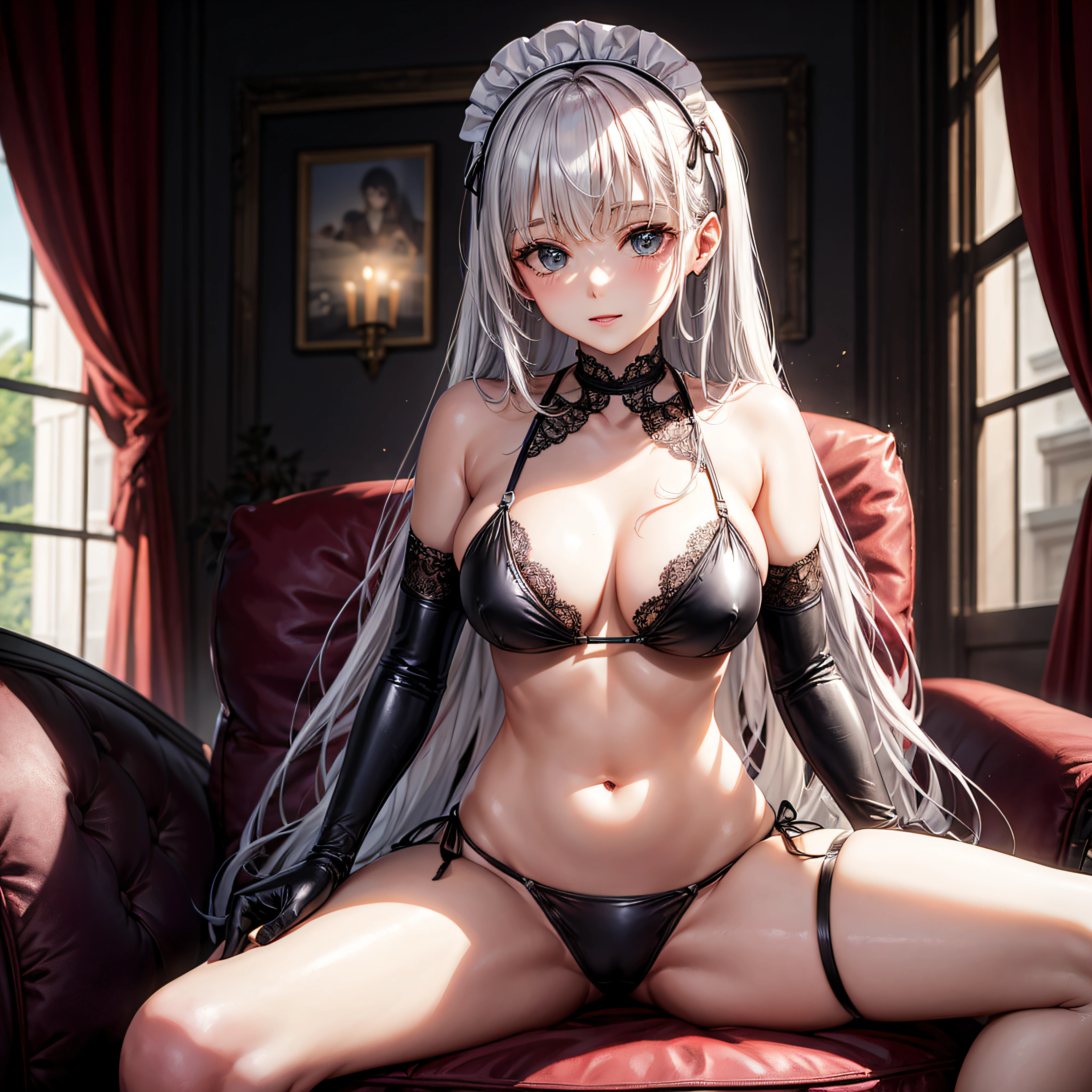 realisitic、top-quality、sit on sofa、((One Woman:1.5))、Silver hair、Long hair、inside in room、maid clothes、Black PVC Bikini、Open your clothes , Lace gloves、Medium chest