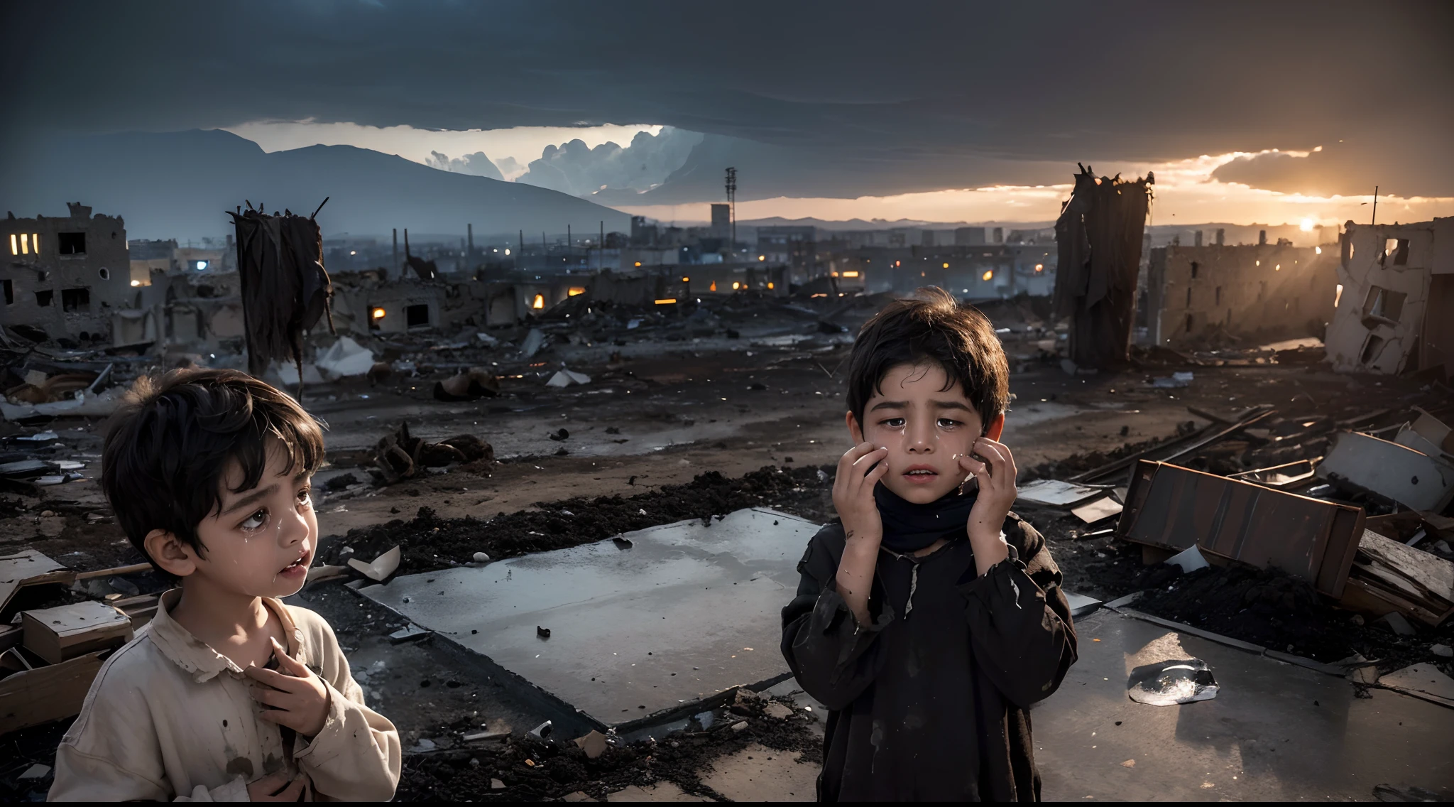 10-year-old boy in front of a scene of destruction that shows all the horror of war, houses, bridges and buildings in ruins, fire and smoke everywhere.